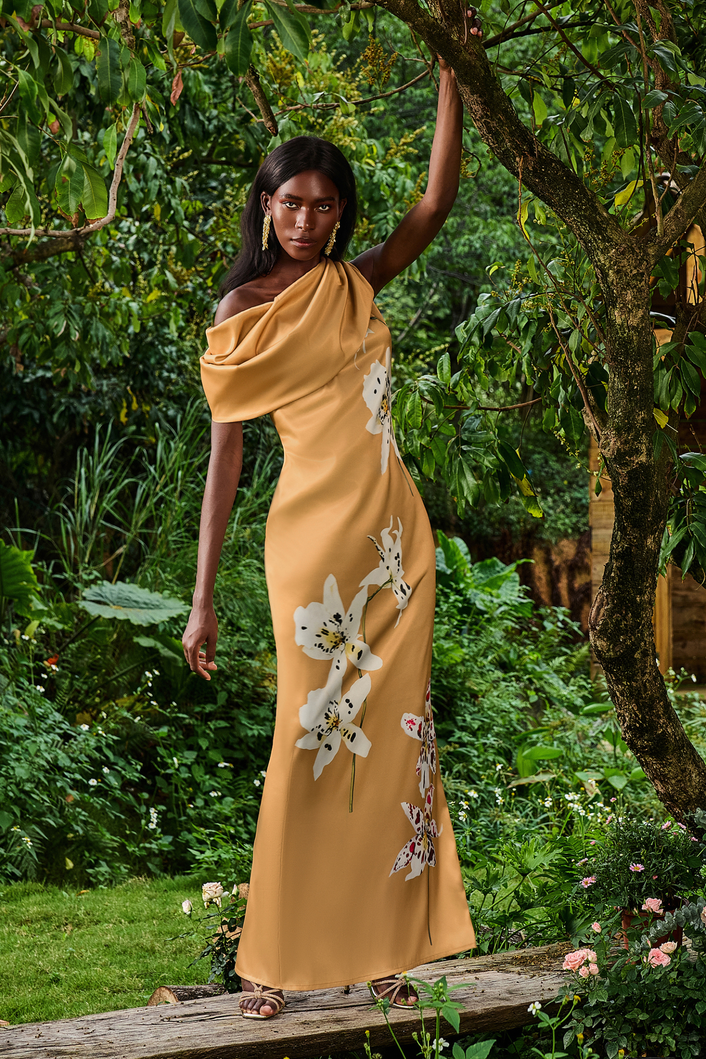 Satin Asymmetrical Neck Floral Maxi Dress