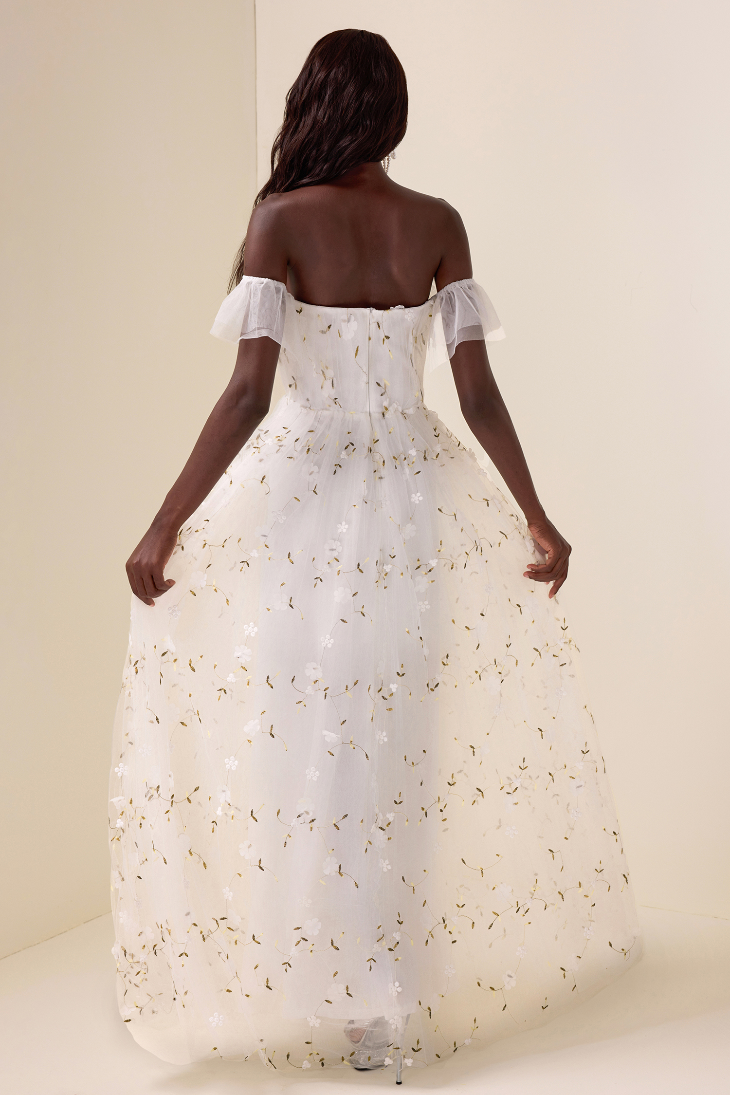 Mesh Embroidered Off-Shoulder Maxi Dress