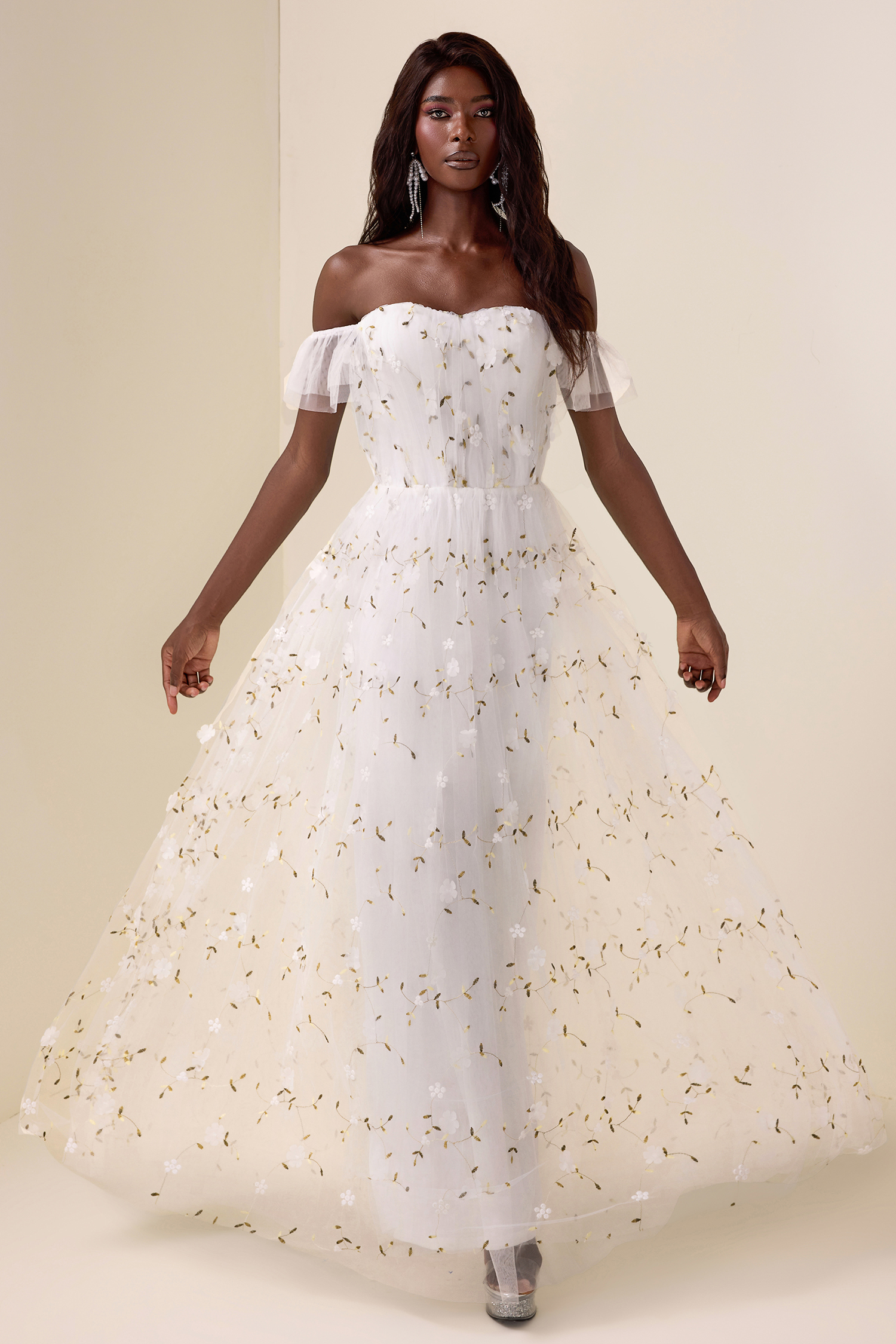 Mesh Embroidered Off-Shoulder Maxi Dress