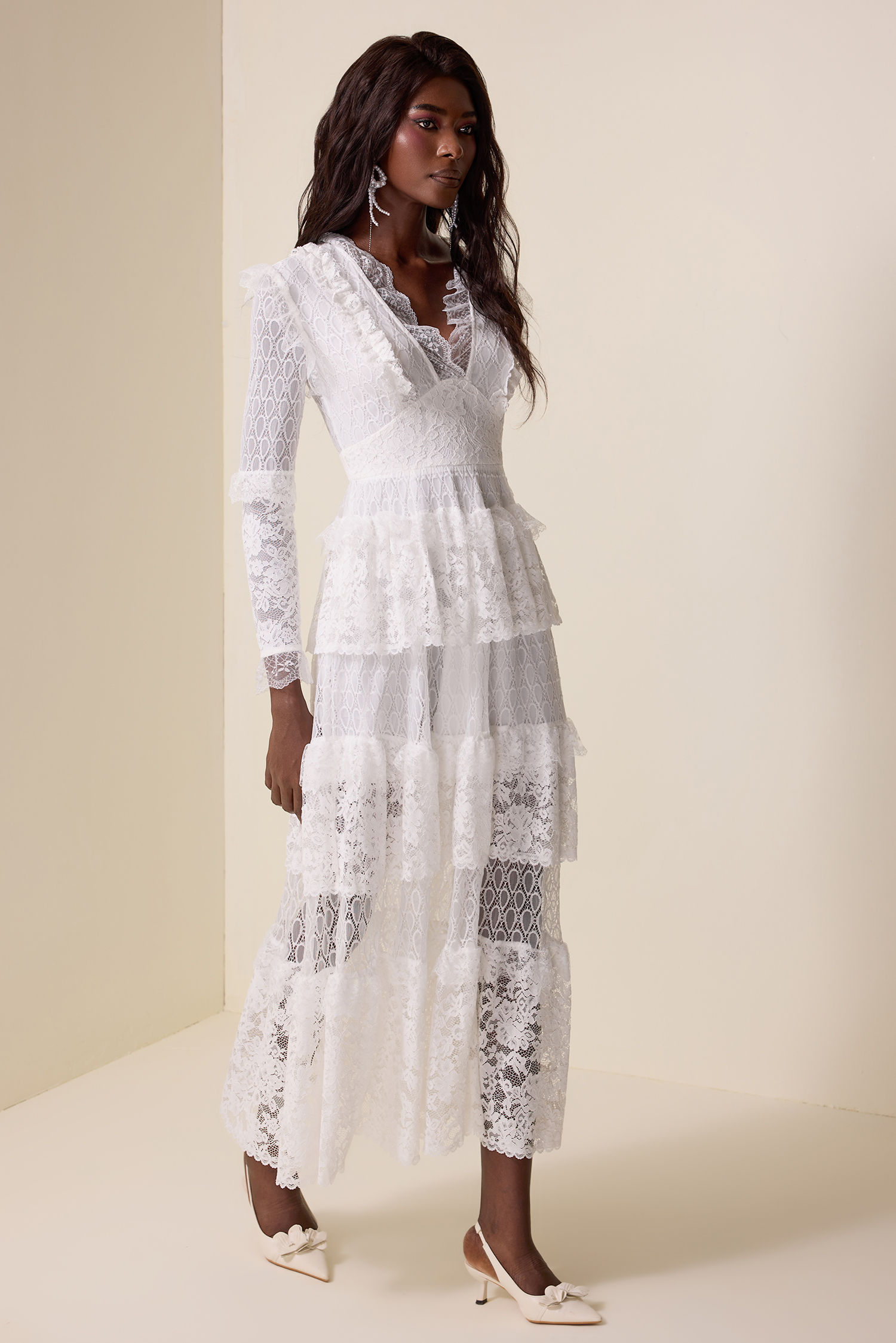 Lace Ruffle V-Neck Maxi Dress