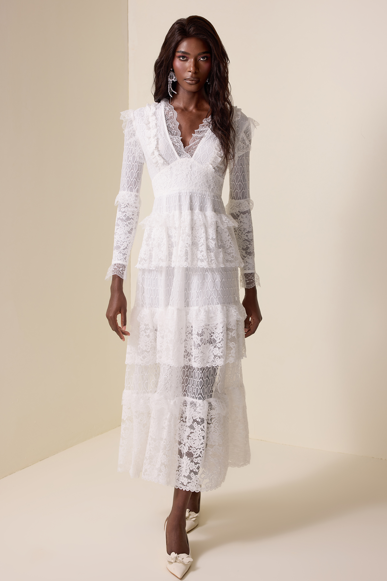 Lace Ruffle V-Neck Maxi Dress