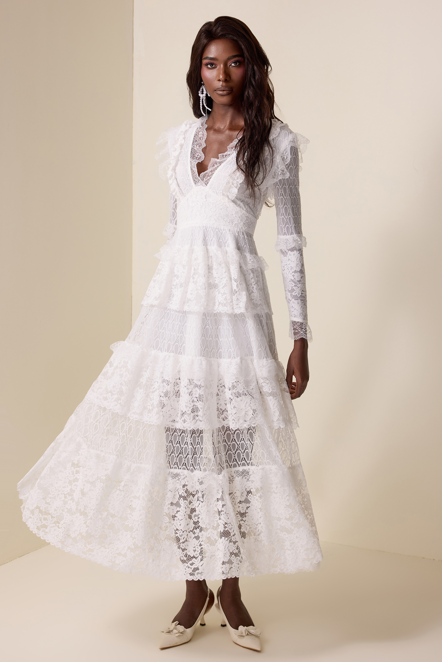 Lace Ruffle V-Neck Maxi Dress