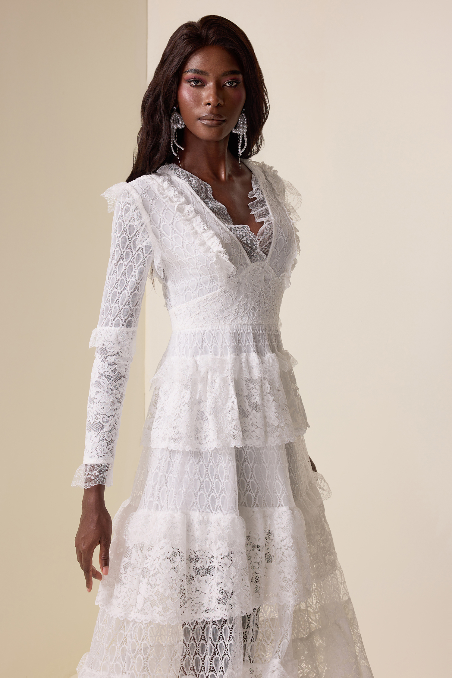 Lace Ruffle V-Neck Maxi Dress