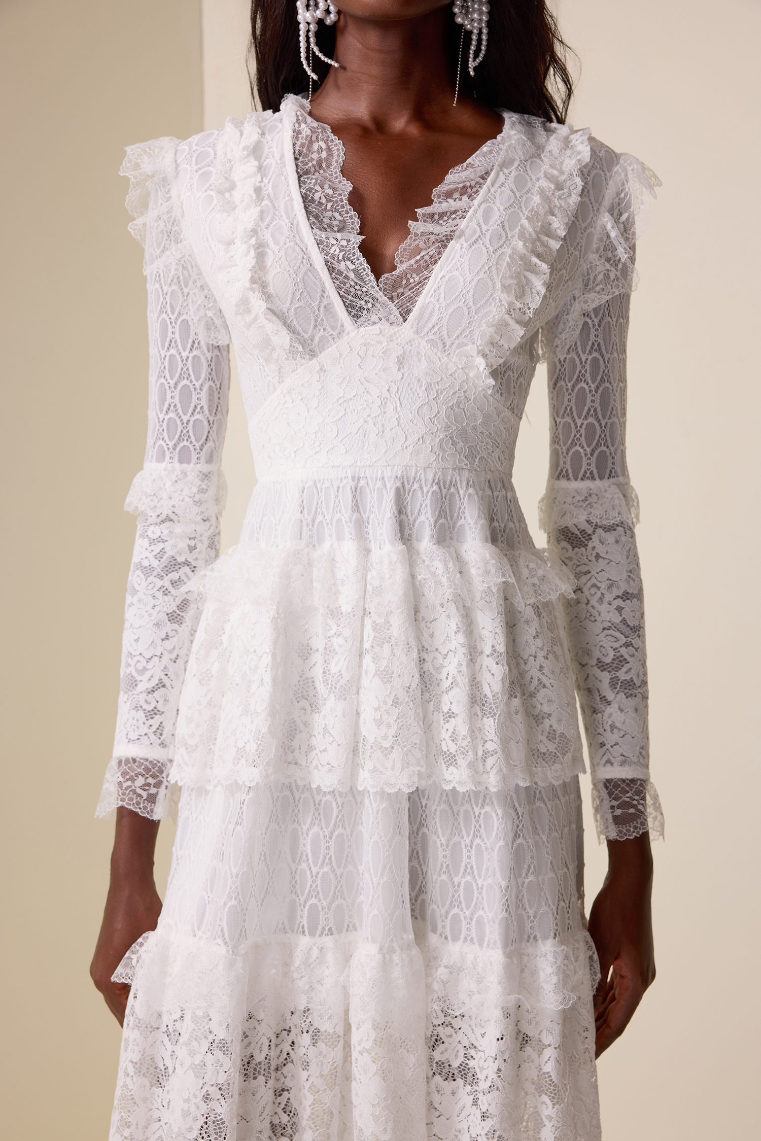 Lace Ruffle V-Neck Maxi Dress