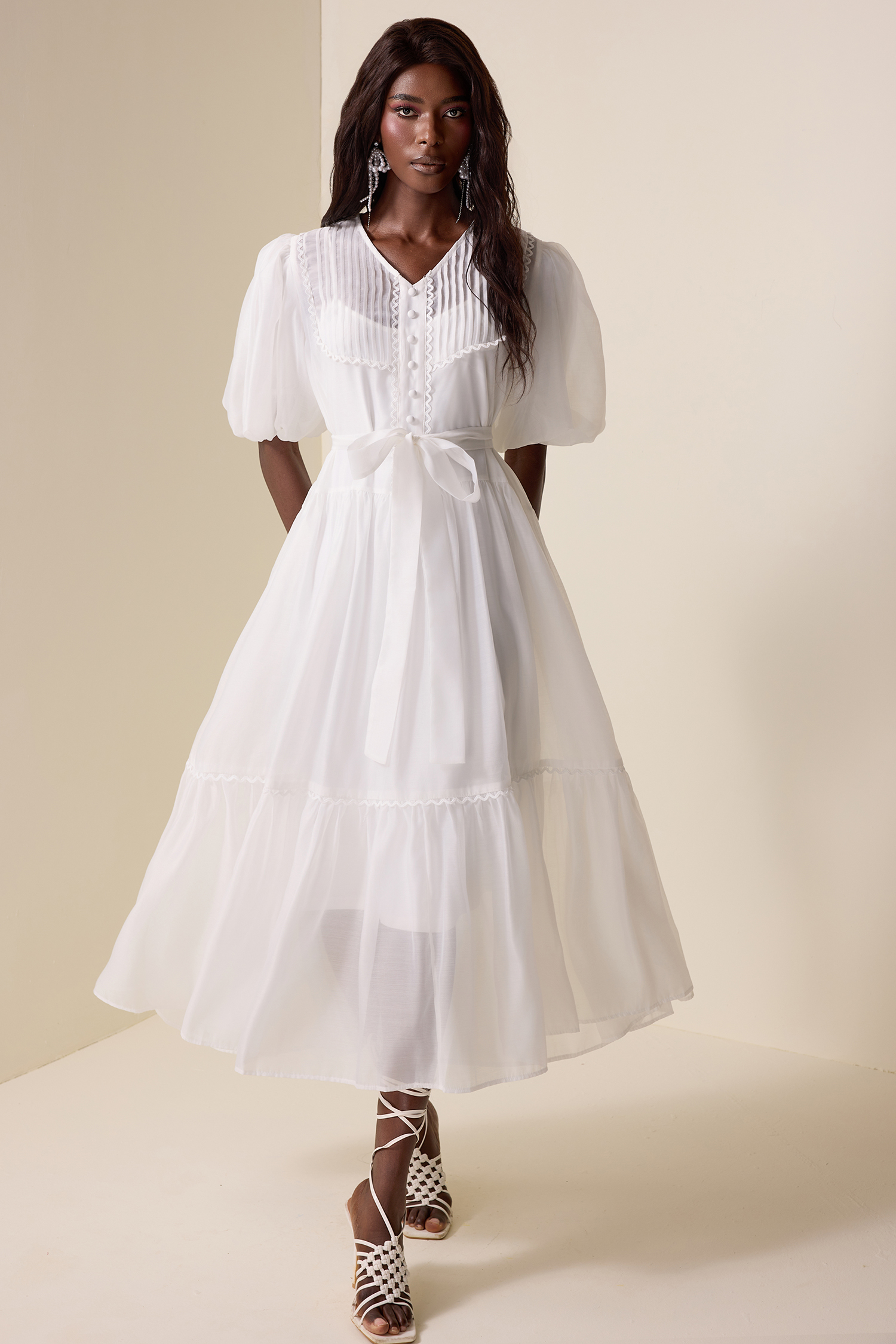 V-Neck Lantern Sleeve Lace Edge Midi Dress