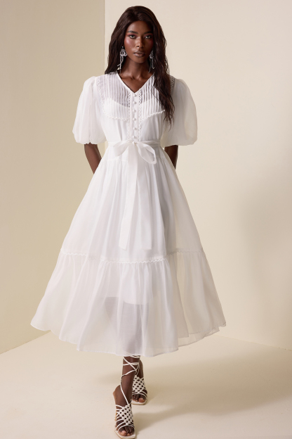 V-Neck Lantern Sleeve Lace Edge Midi Dress