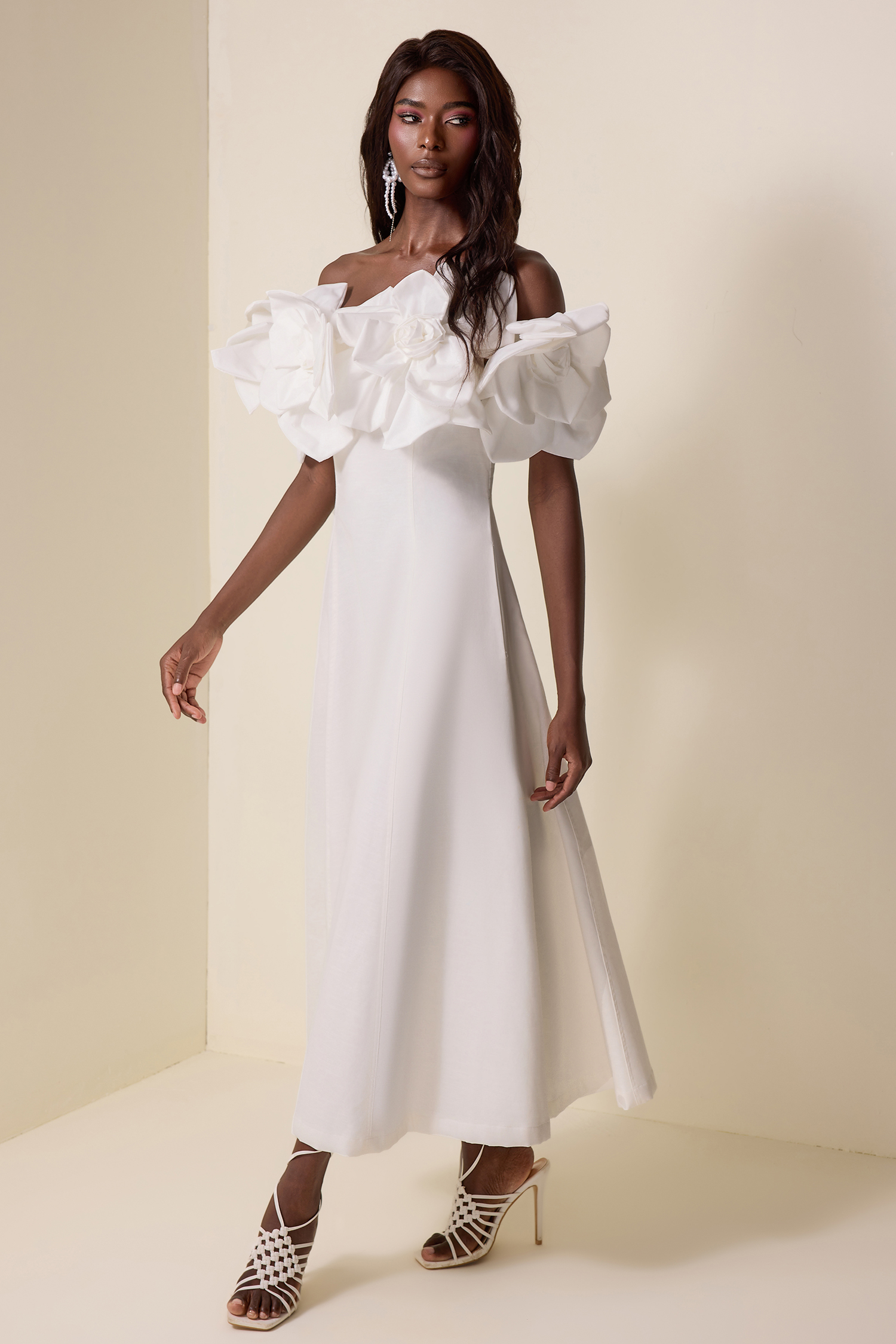 3D Flower Solid Off-Shoulder Midi Dress