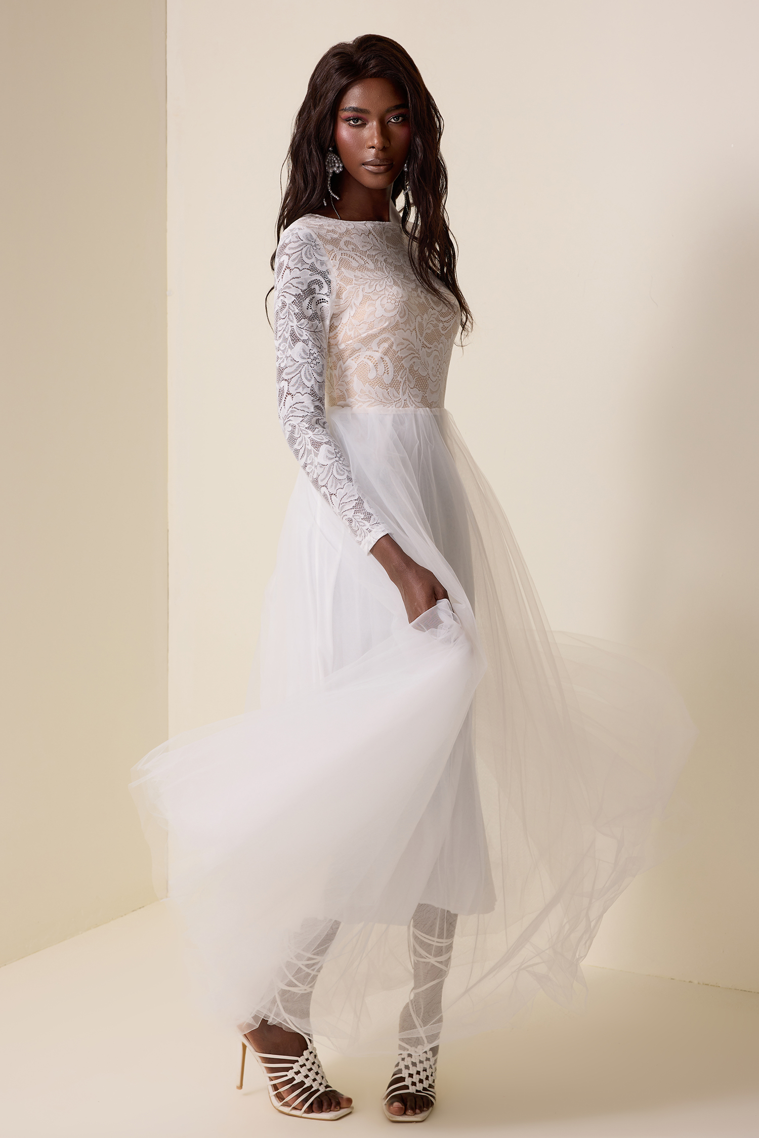 Lace Round Neck Long Sleeve Maxi Dress