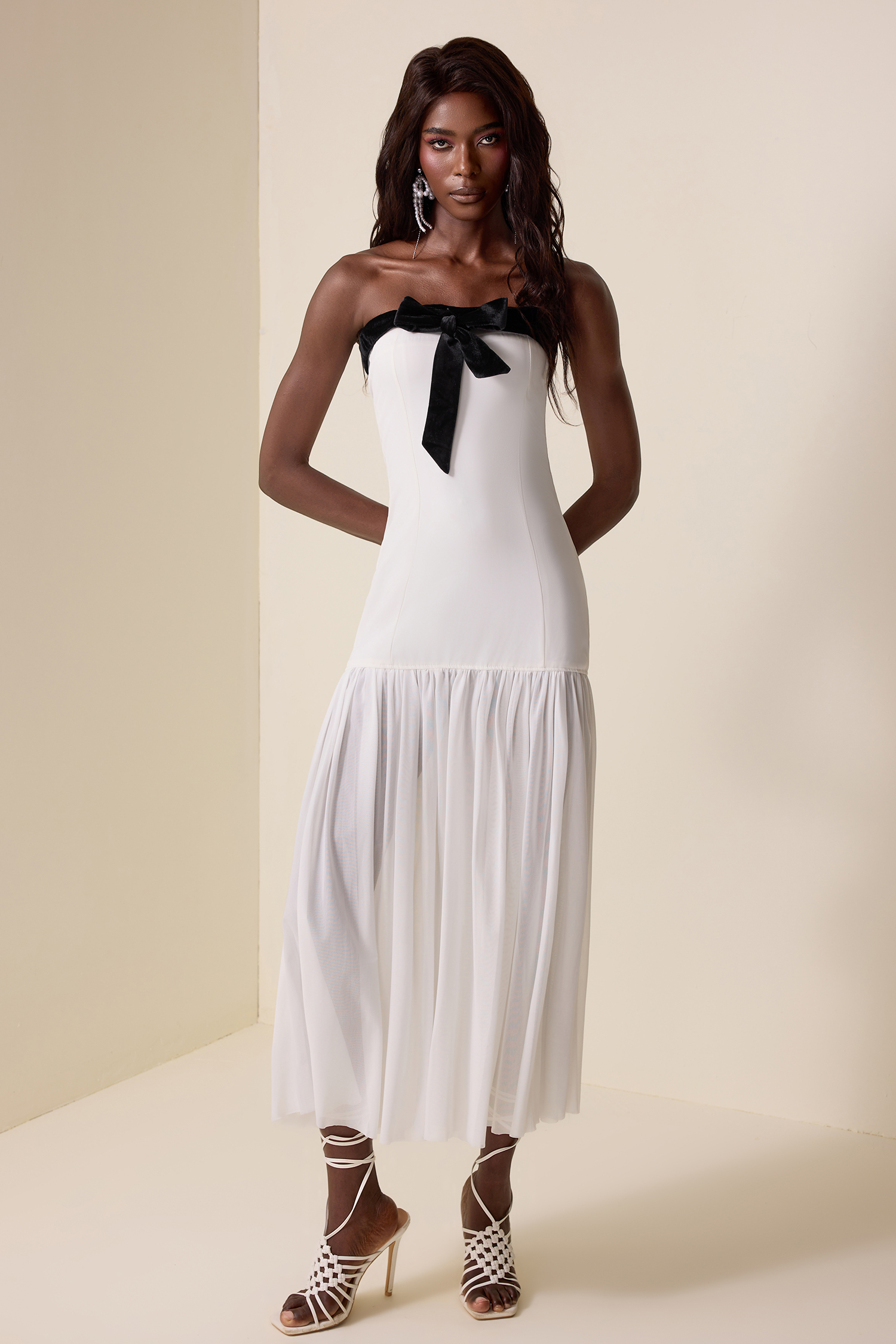 Contrast Color Splicing Off-Shoulder Midi Dress