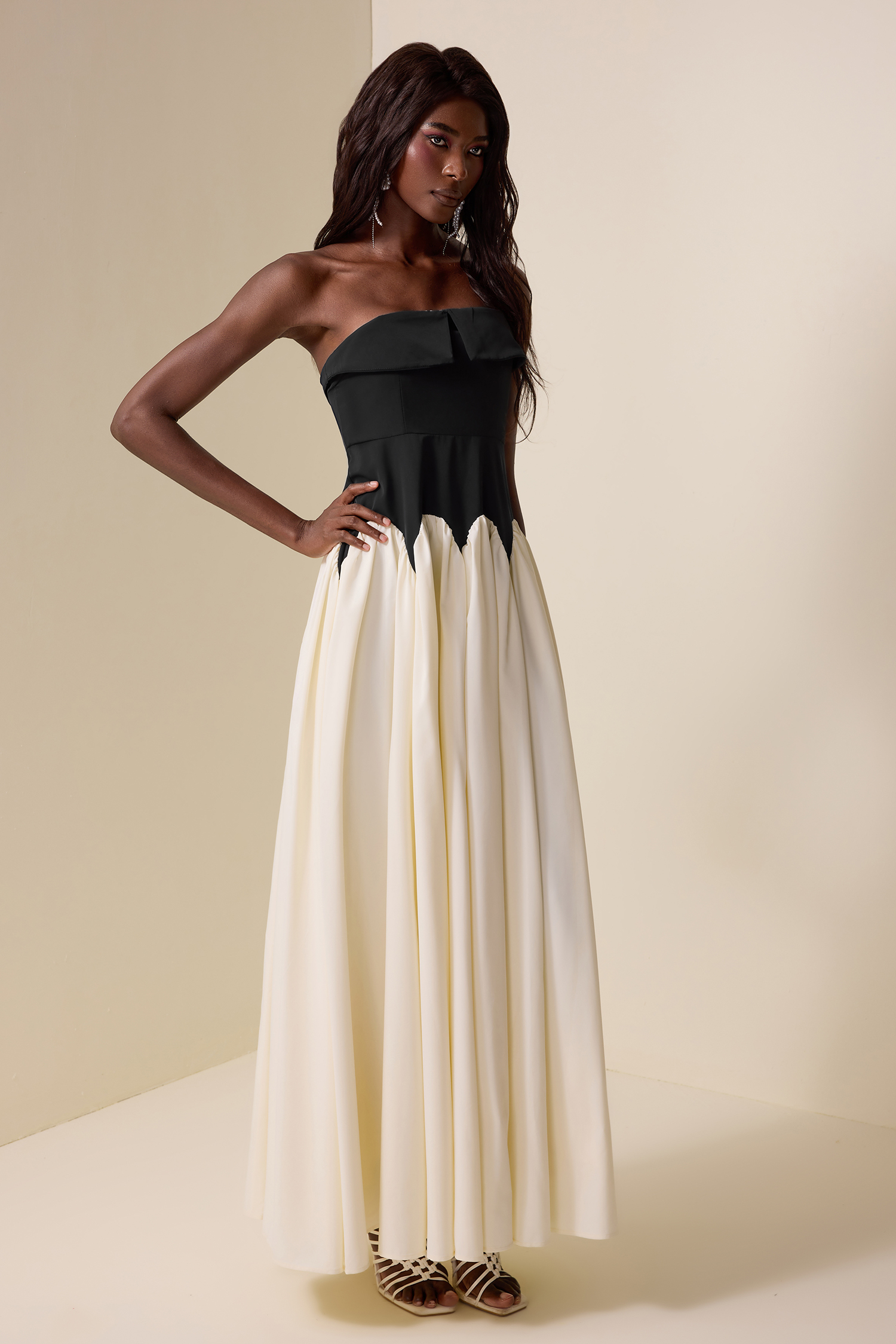 Splicing Contrast Color Off-Shoulder Maxi Dress