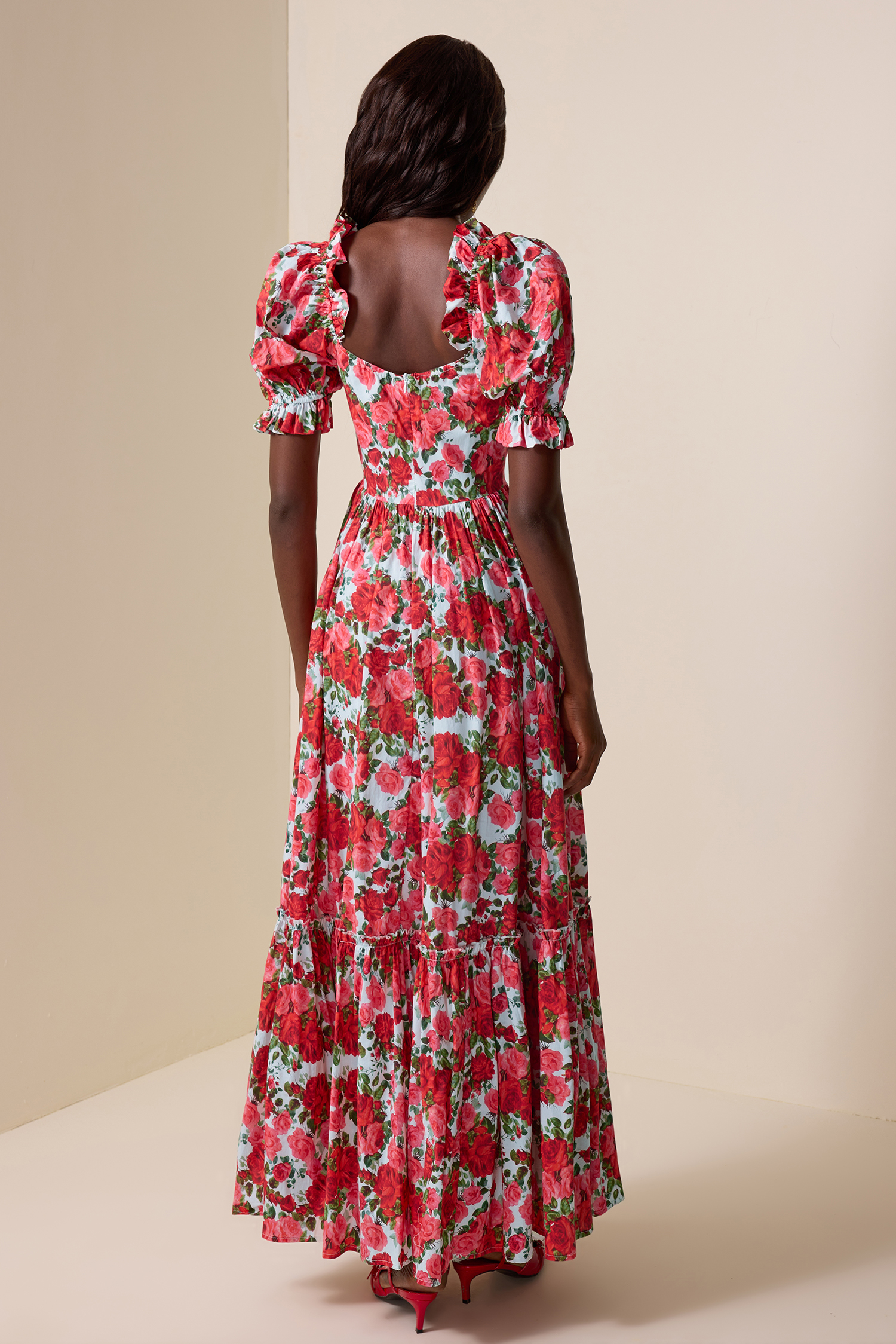 Floral Frill Puff Sleeve Maxi Dress