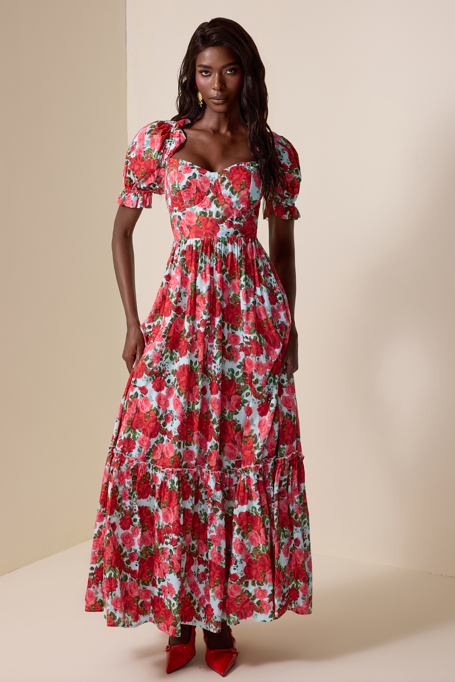 Floral Frill Puff Sleeve Maxi Dress