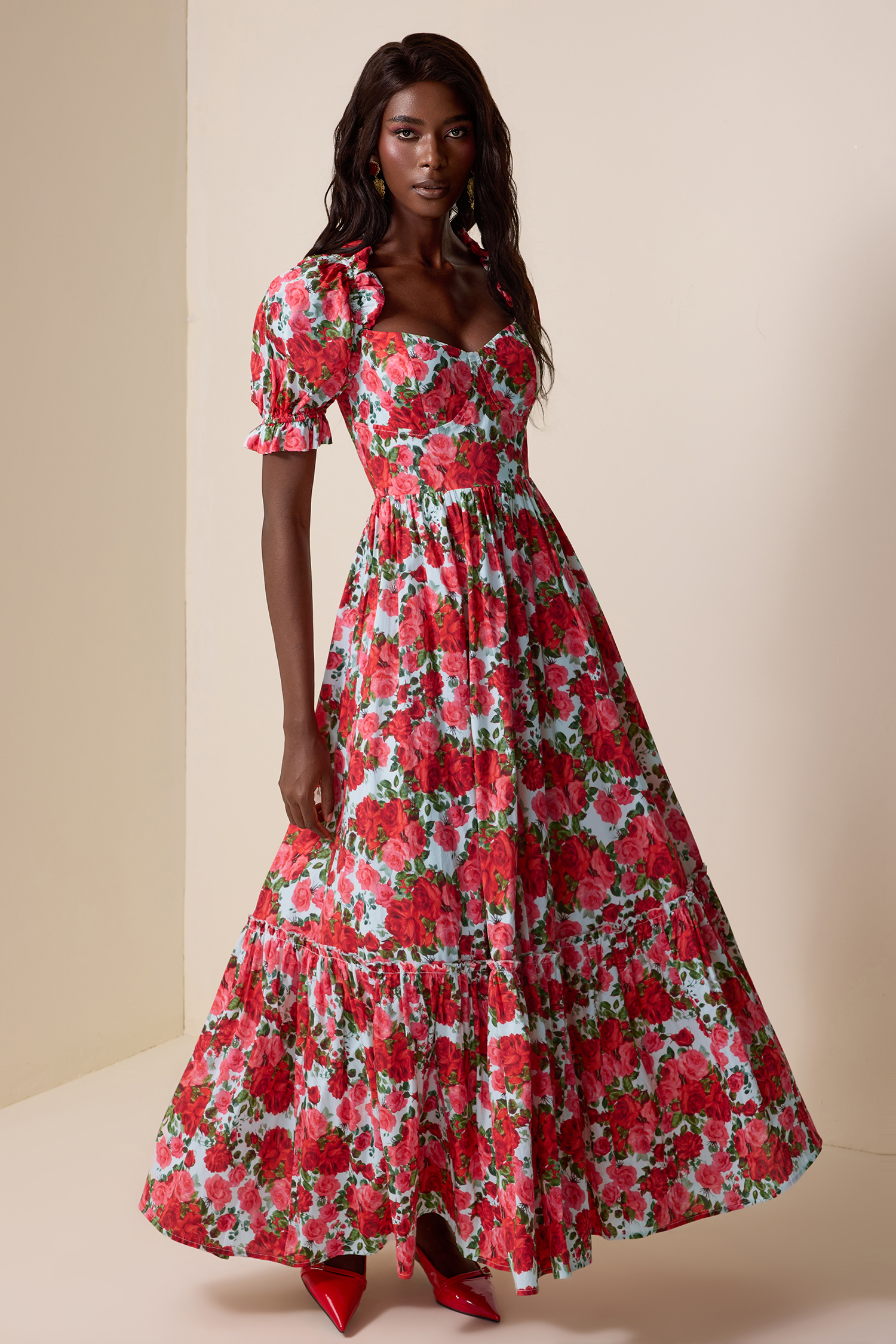 Floral Frill Puff Sleeve Maxi Dress