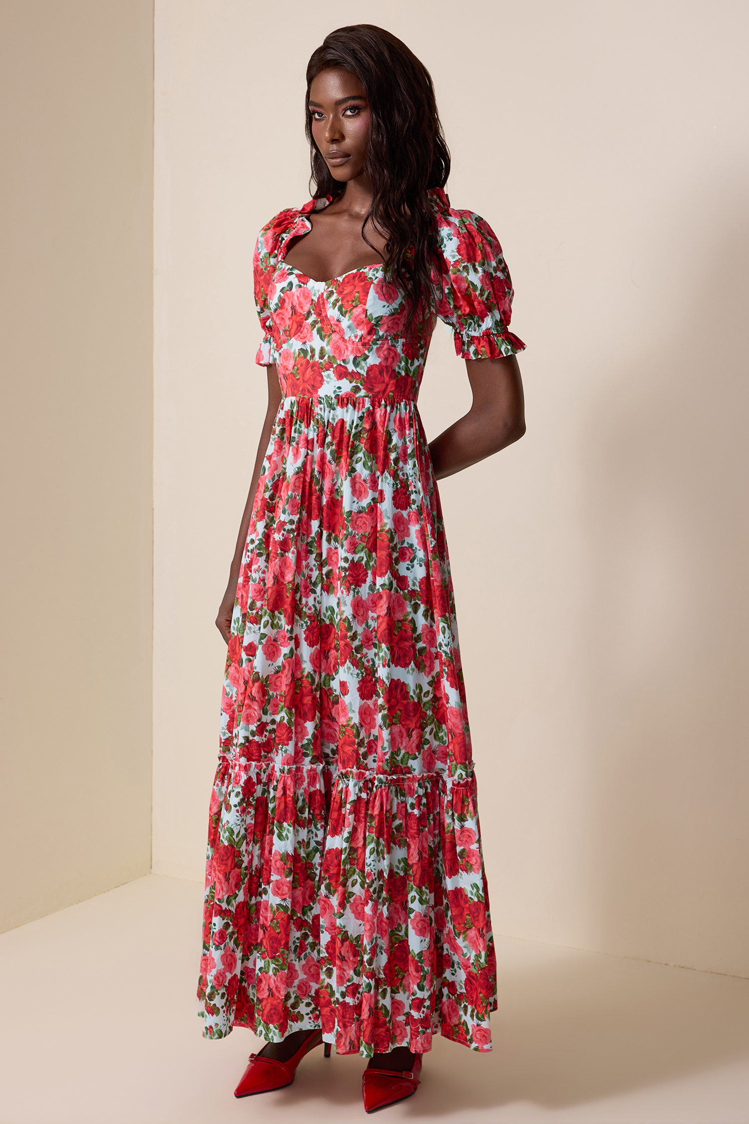 Floral Frill Puff Sleeve Maxi Dress