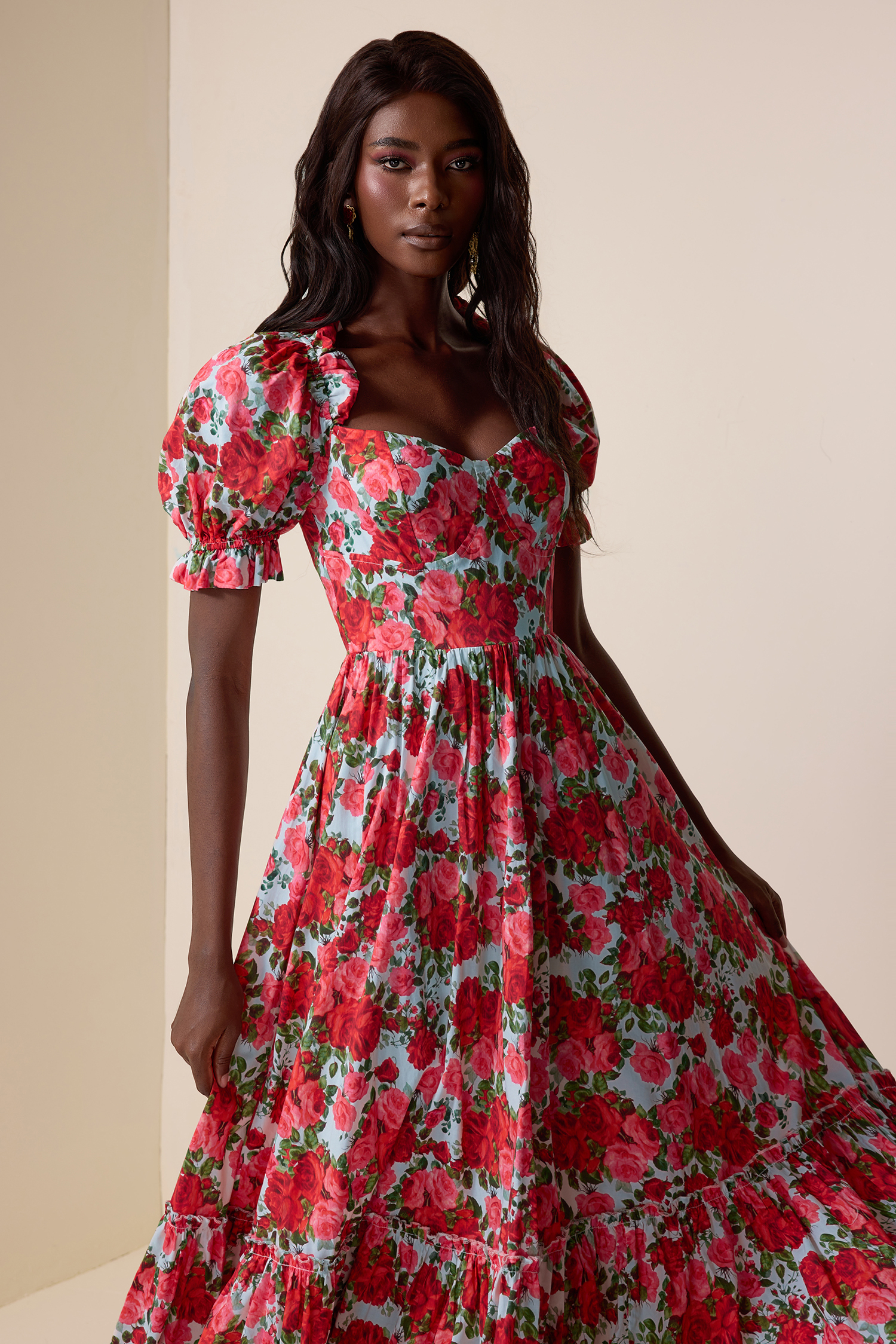 Floral Frill Puff Sleeve Maxi Dress