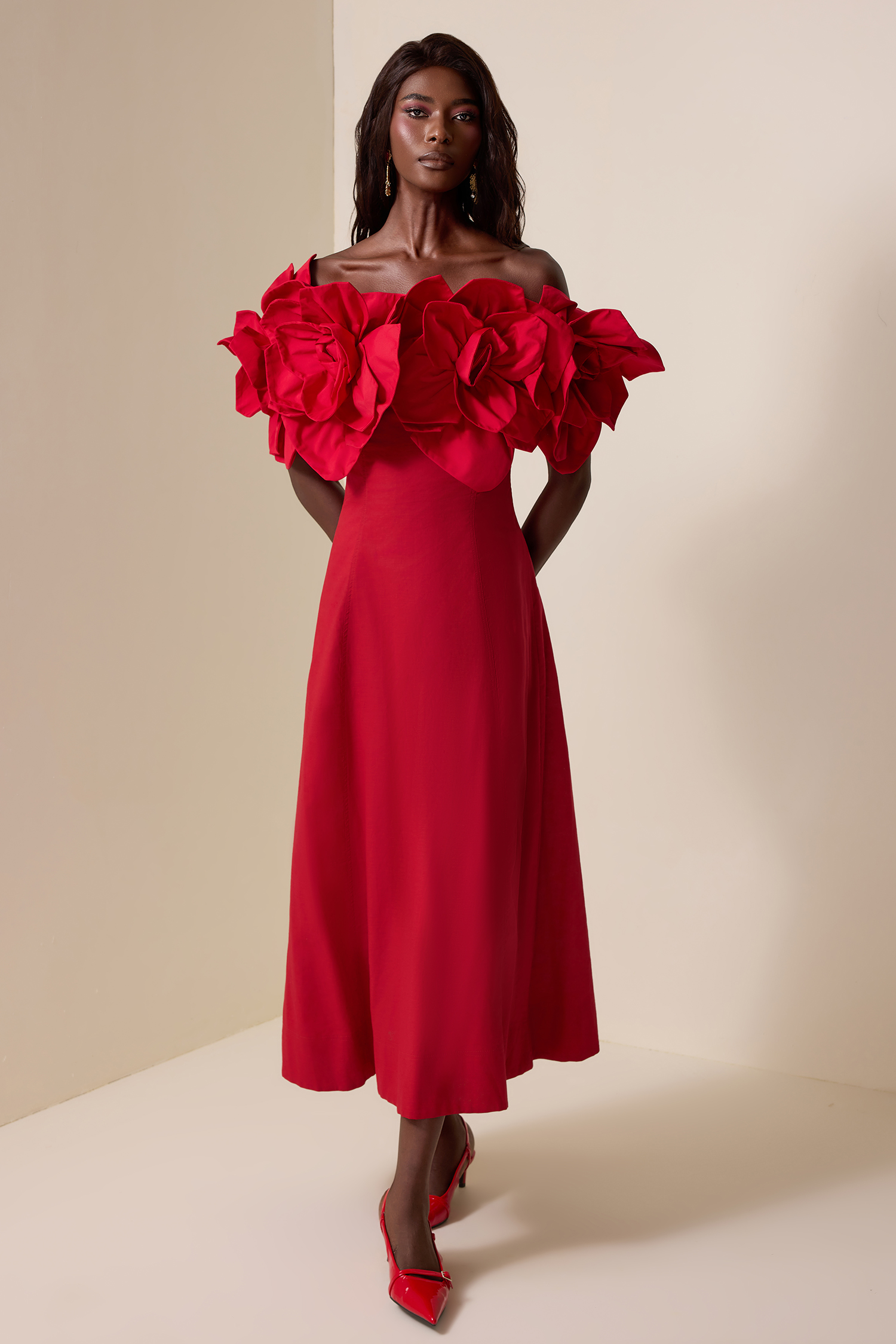 3D Flower Solid Off-Shoulder Midi Dress