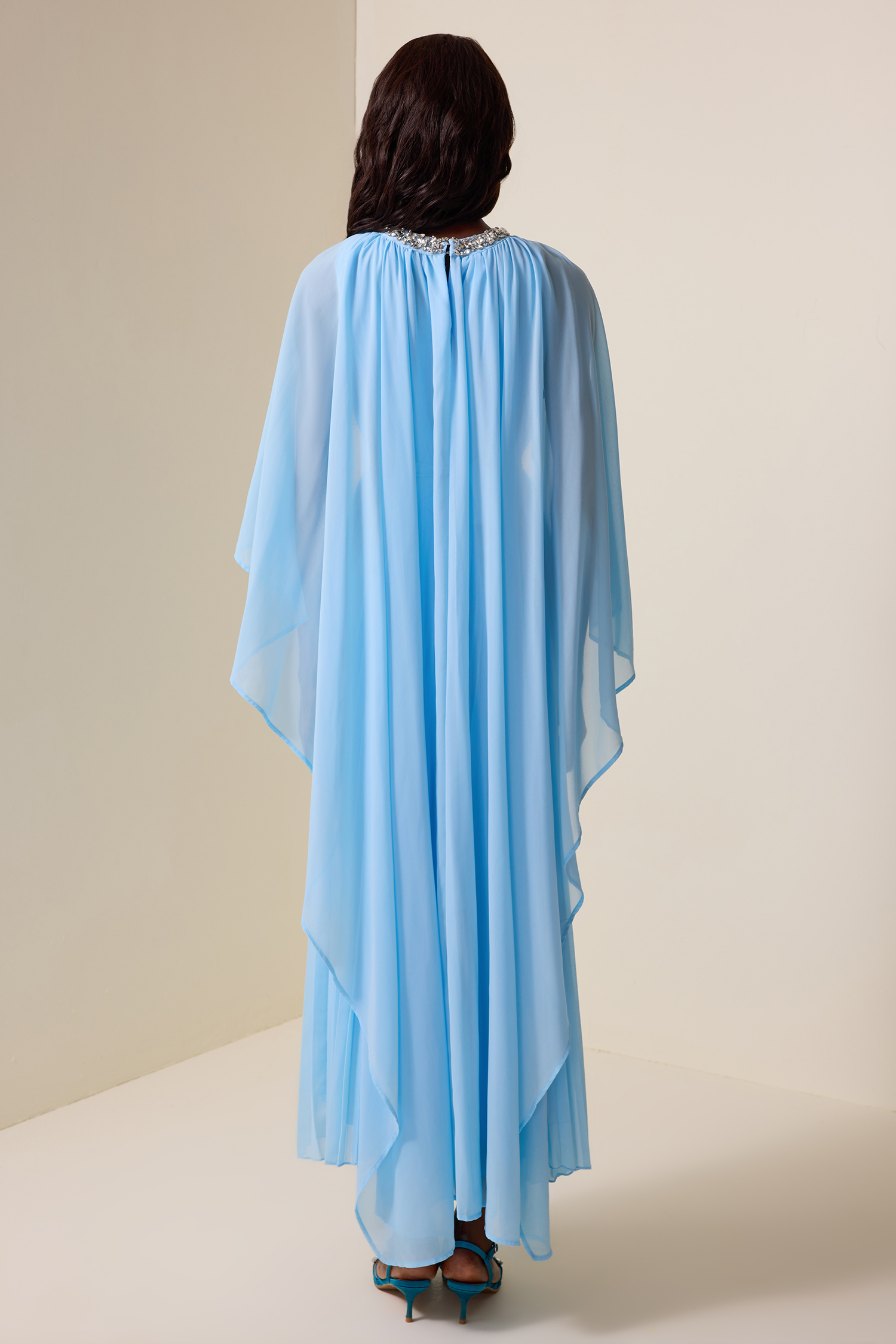 Rhinestone Pleated Cape Sleeve Midi Dress