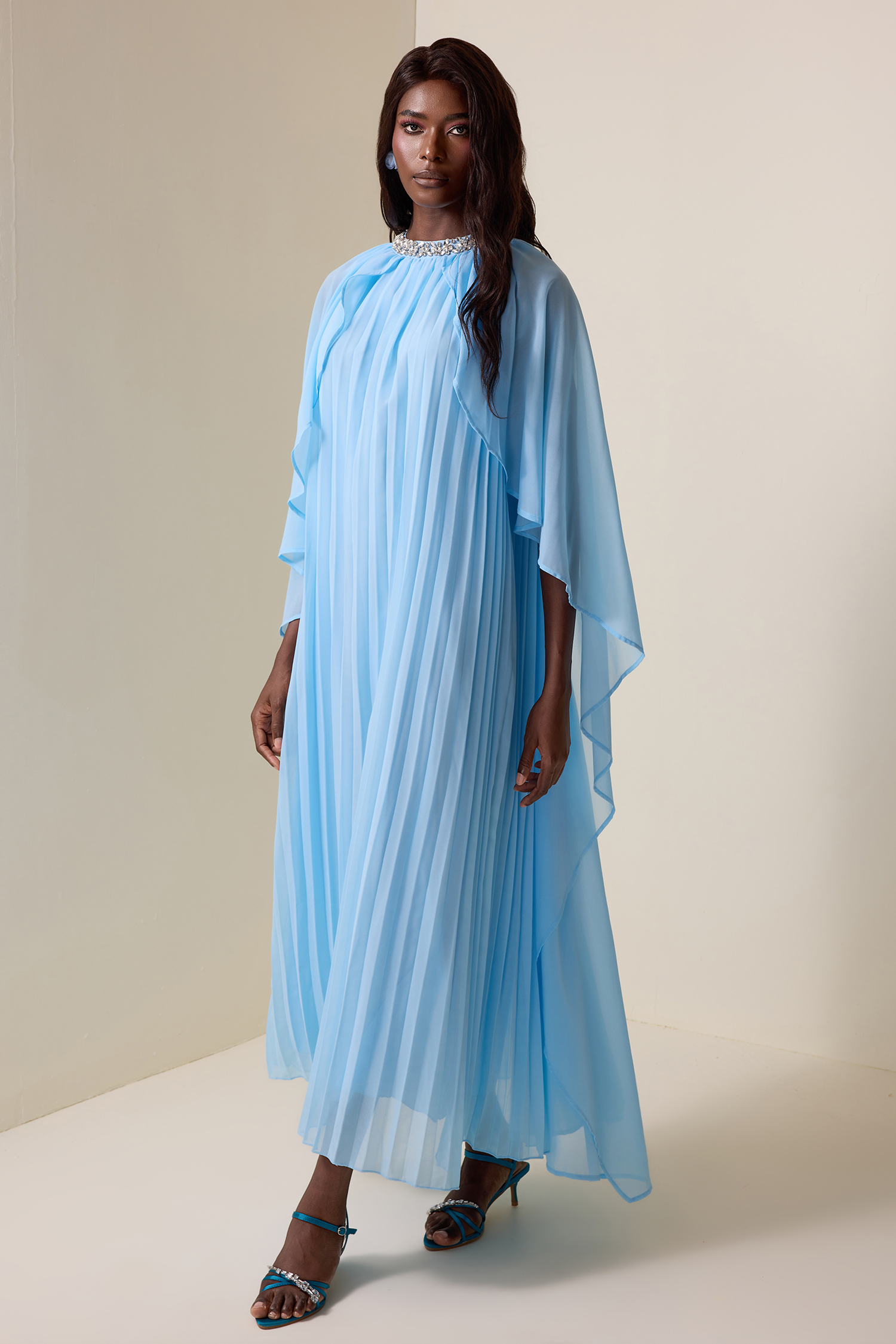 Rhinestone Pleated Cape Sleeve Midi Dress