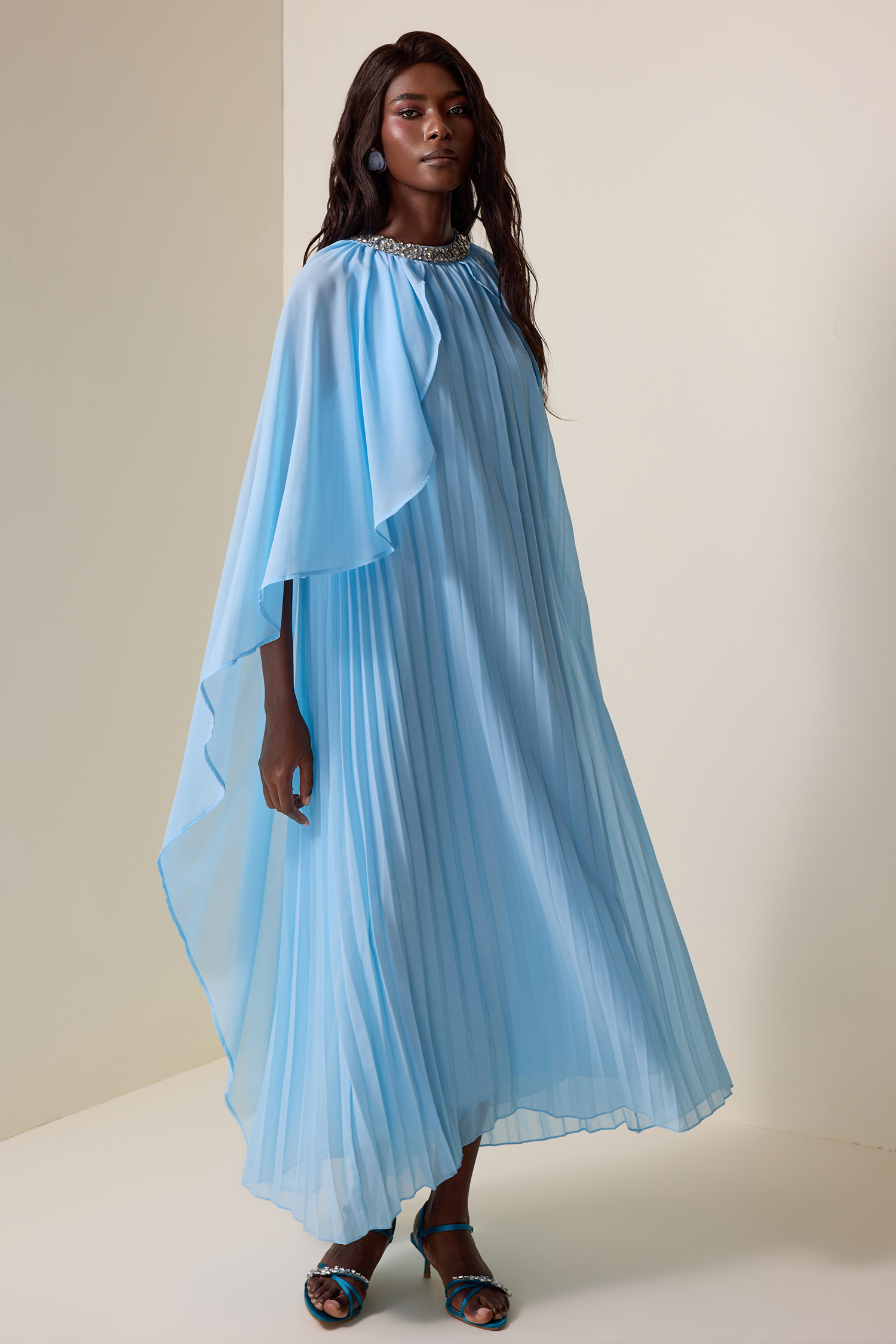 Rhinestone Pleated Cape Sleeve Midi Dress