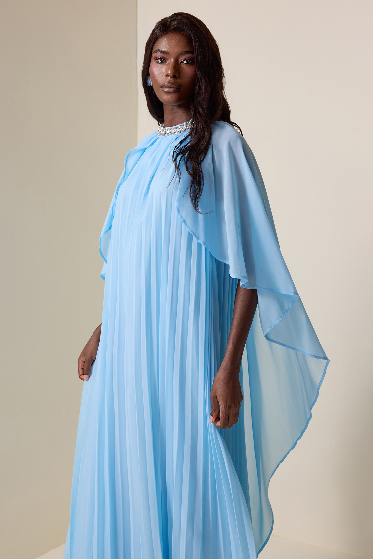 Rhinestone Pleated Cape Sleeve Midi Dress