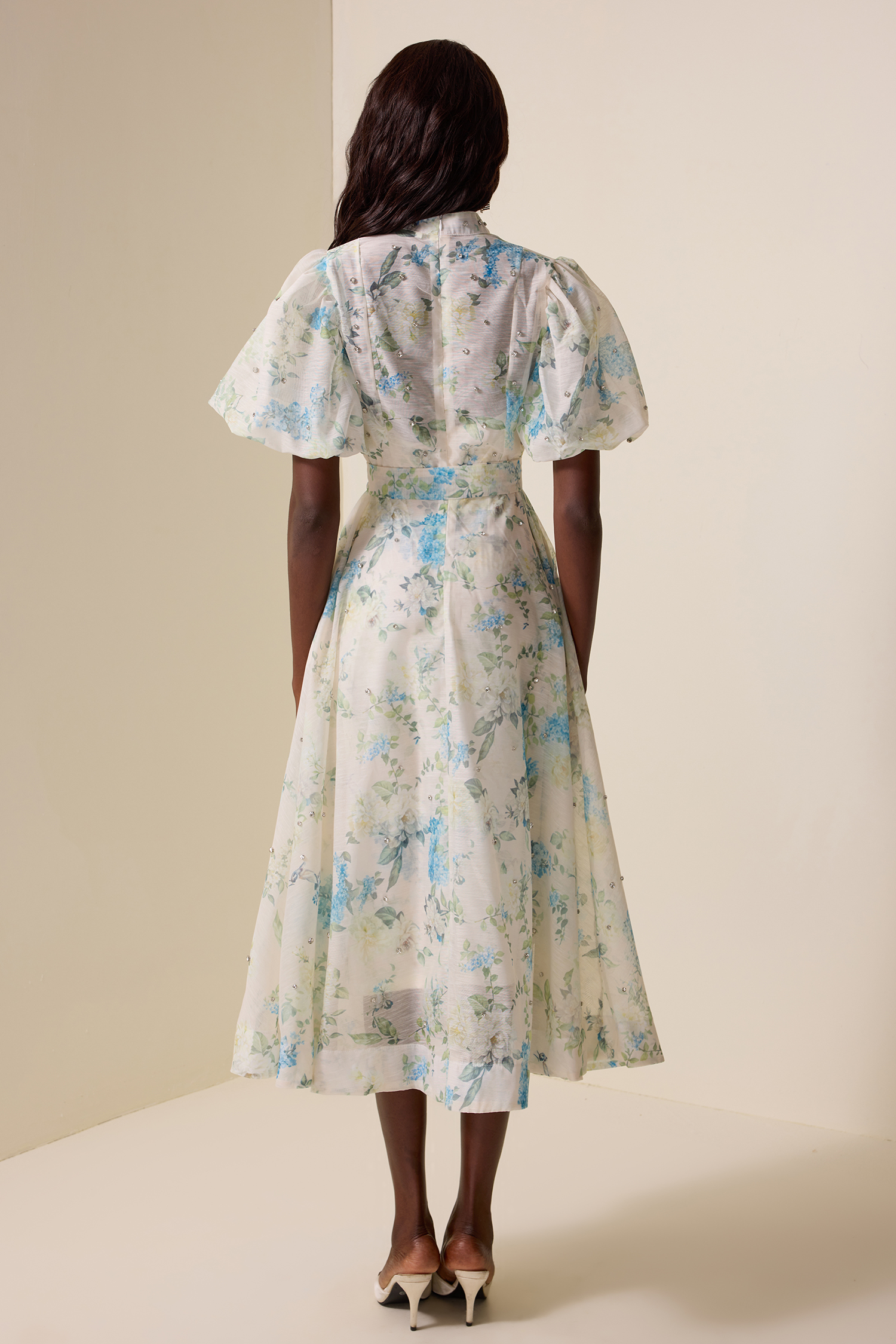 Floral Puff Sleeve Lace-Up Midi Dress