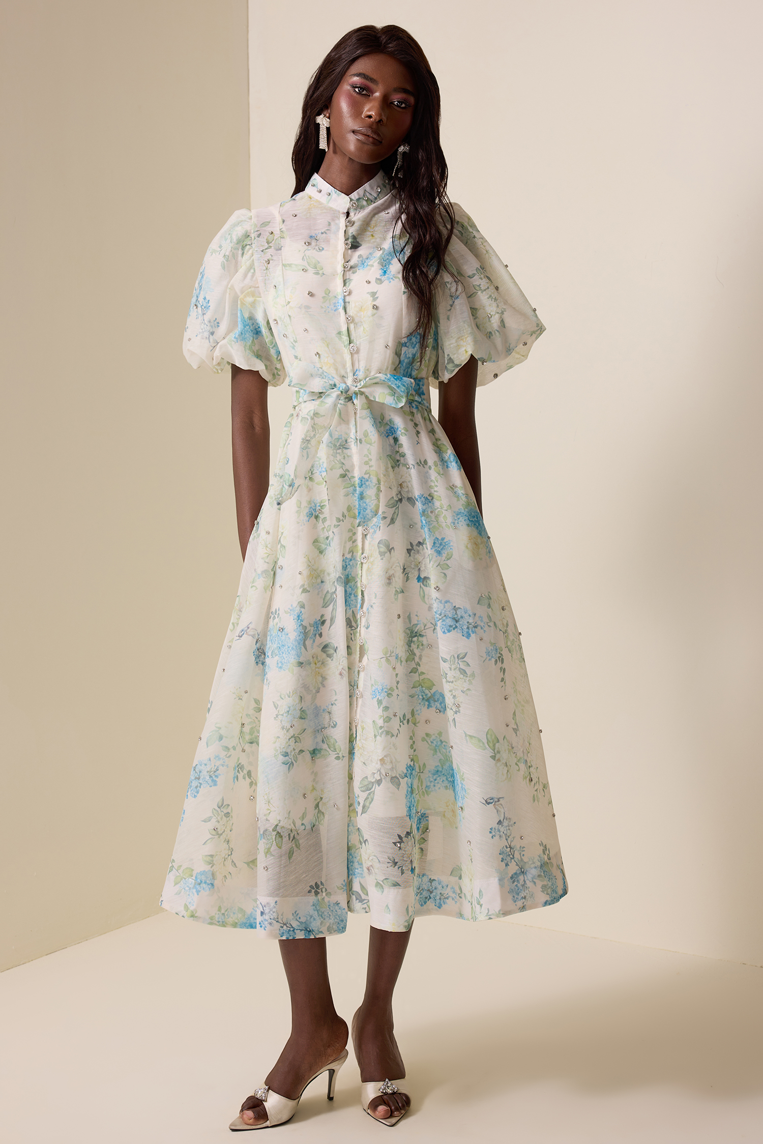 Floral Puff Sleeve Lace-Up Midi Dress