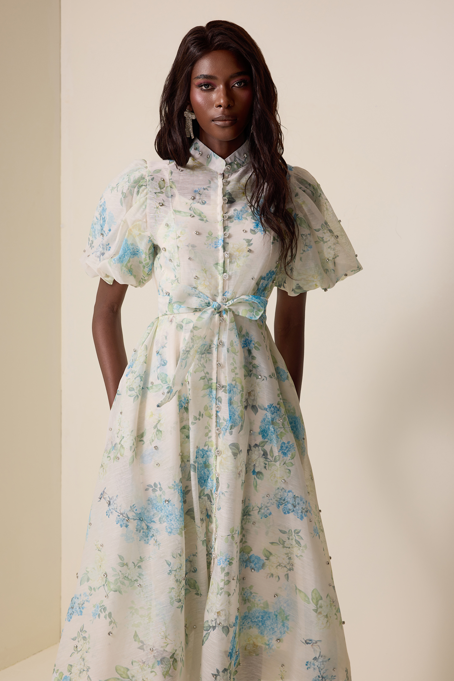 Floral Puff Sleeve Lace-Up Midi Dress