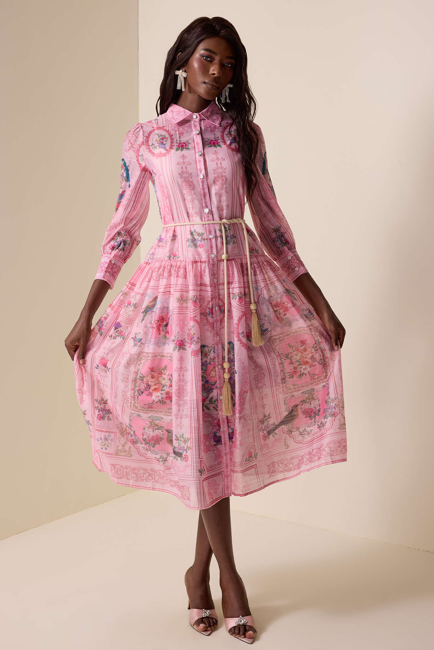 Paisley Print Chiffon Lace-Up Midi Dress