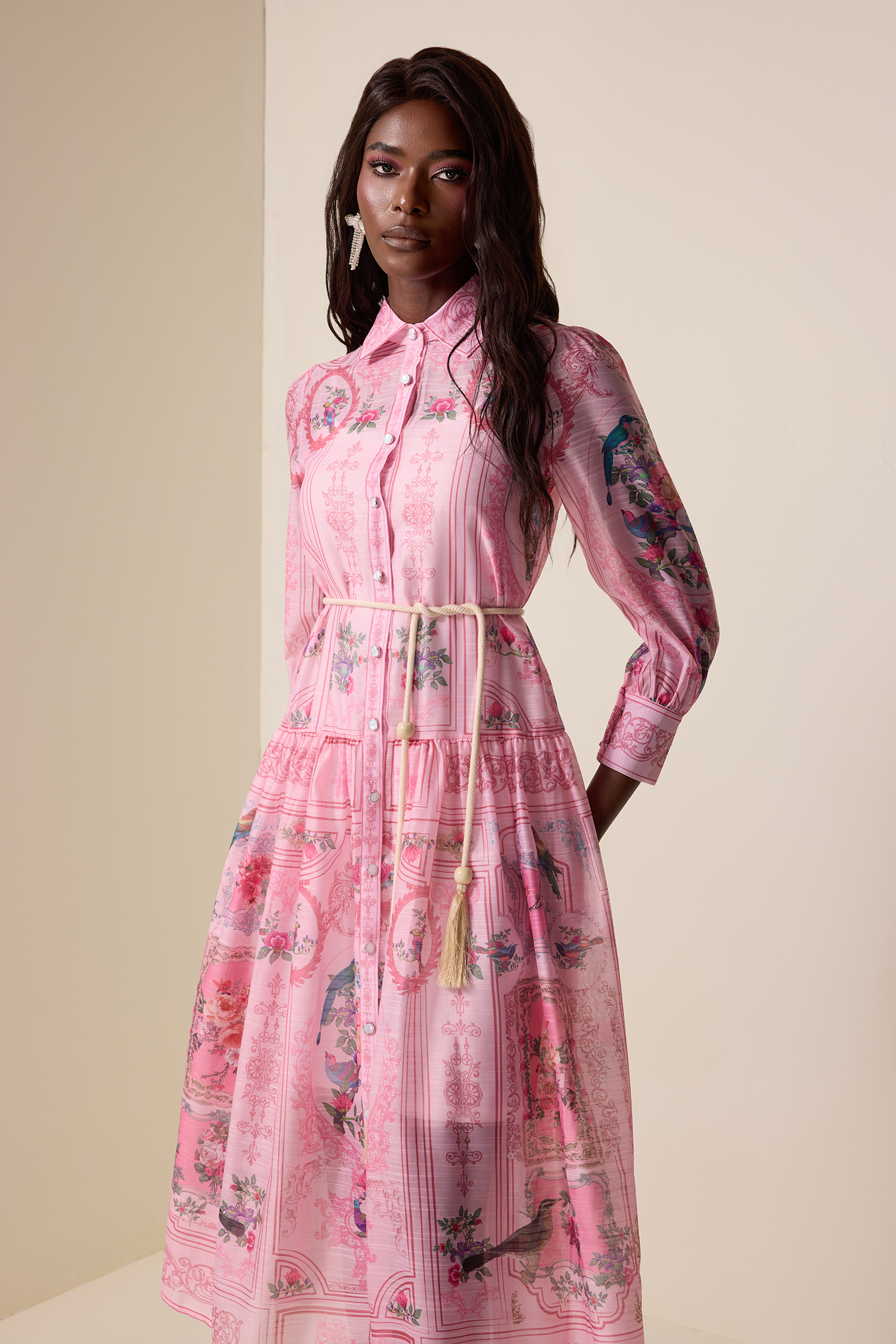 Paisley Print Chiffon Lace-Up Midi Dress