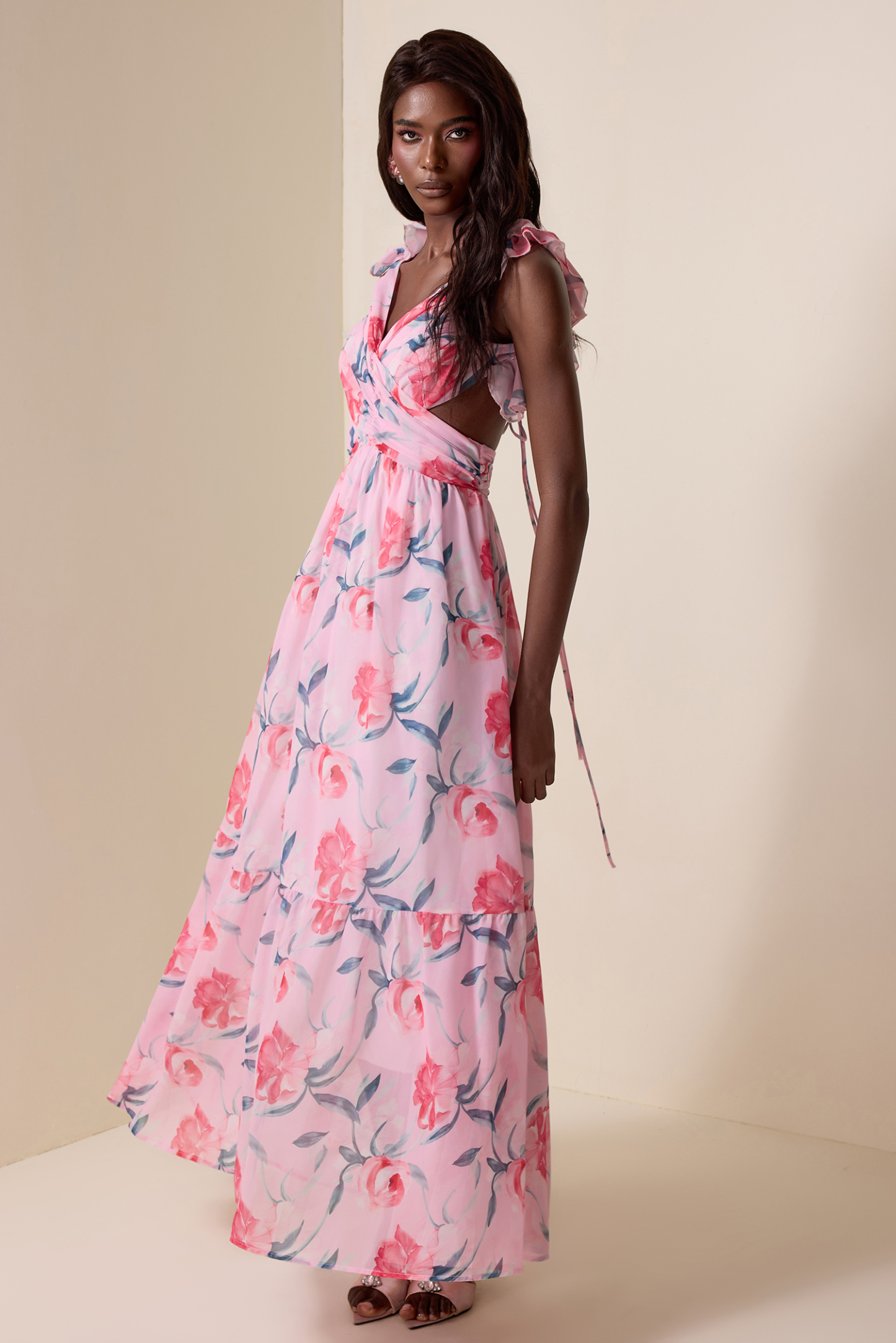 Floral Chiffon Backless Maxi Dress