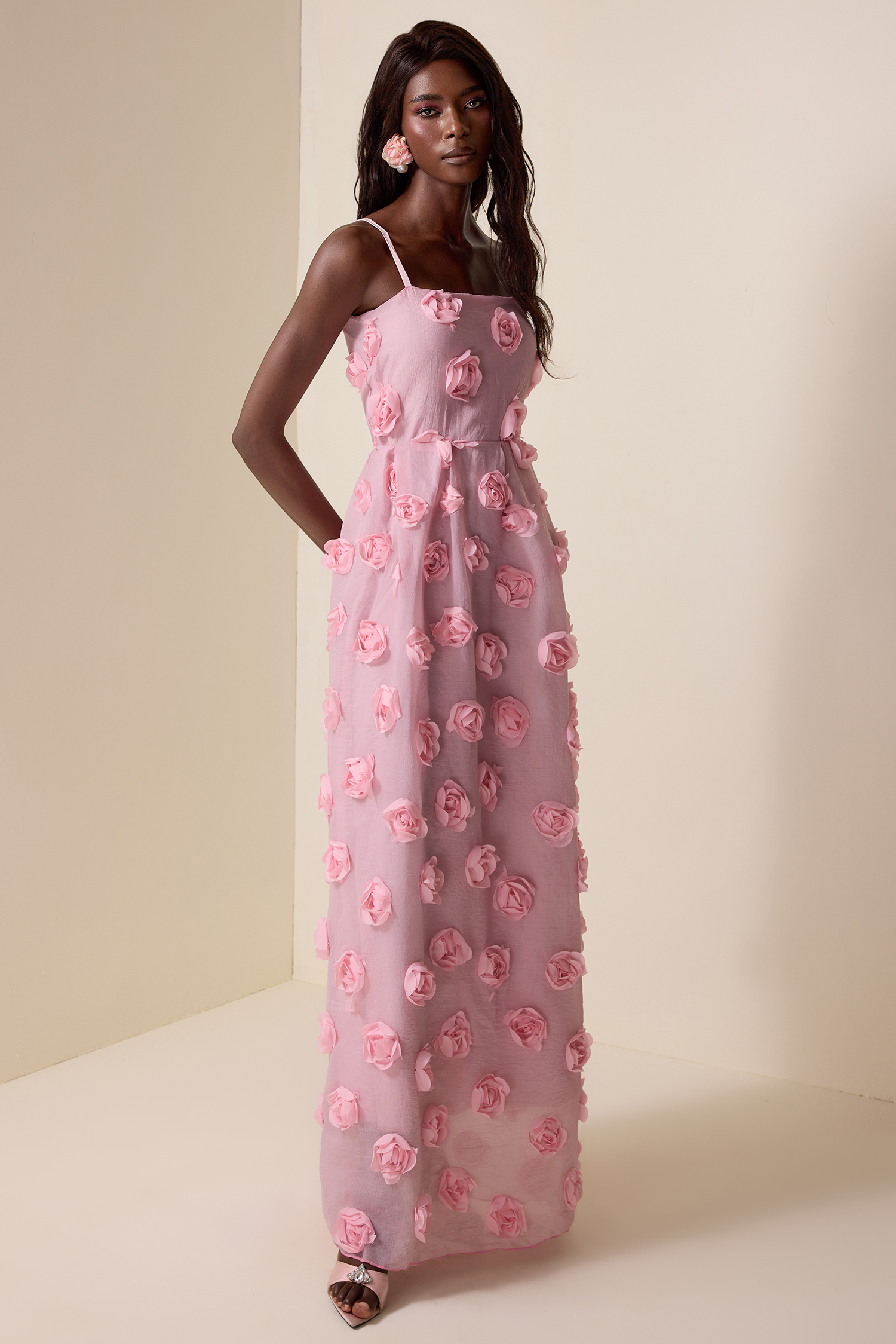 3D Flower Sleeveless Backless Maxi Dress