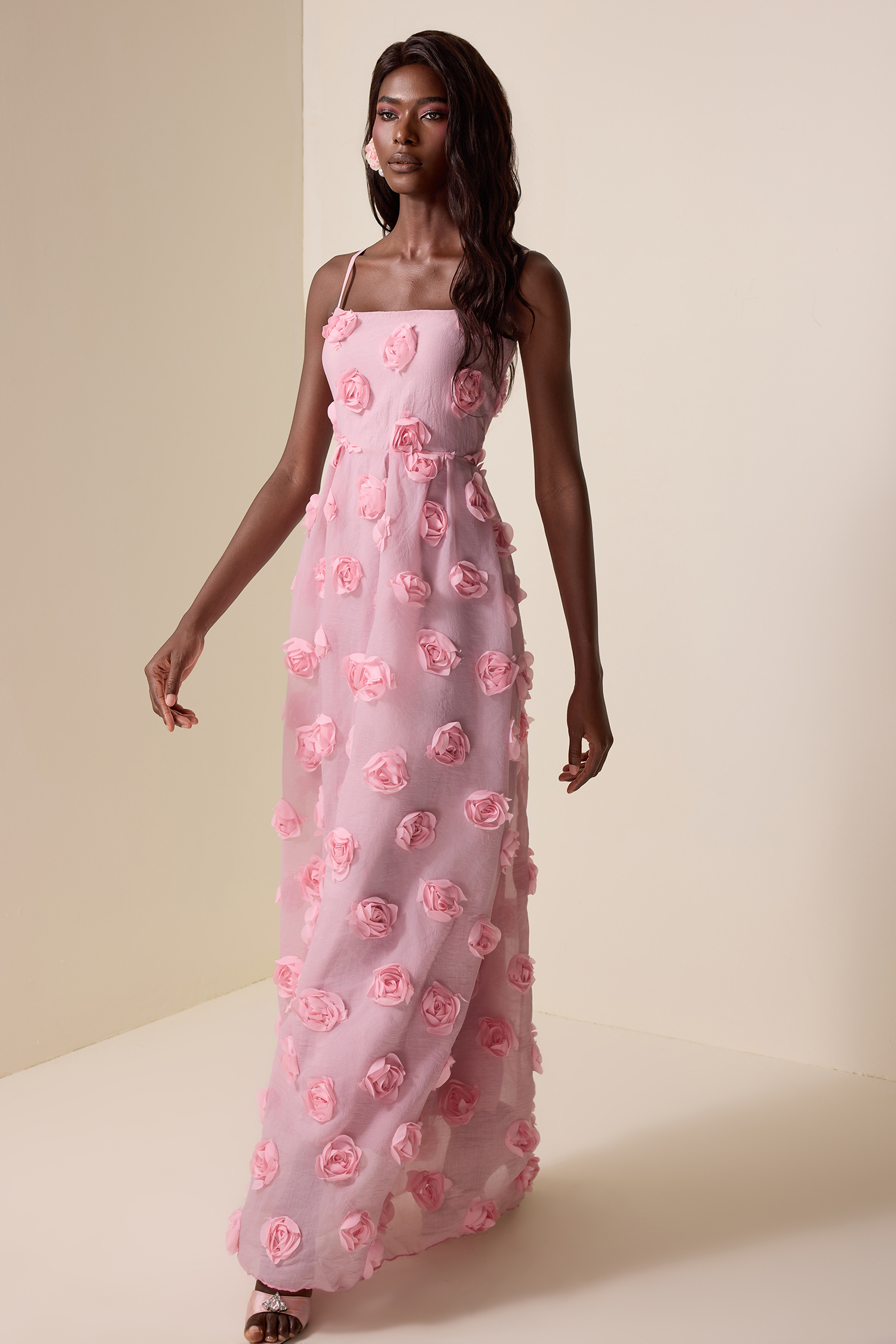 3D Flower Sleeveless Backless Maxi Dress
