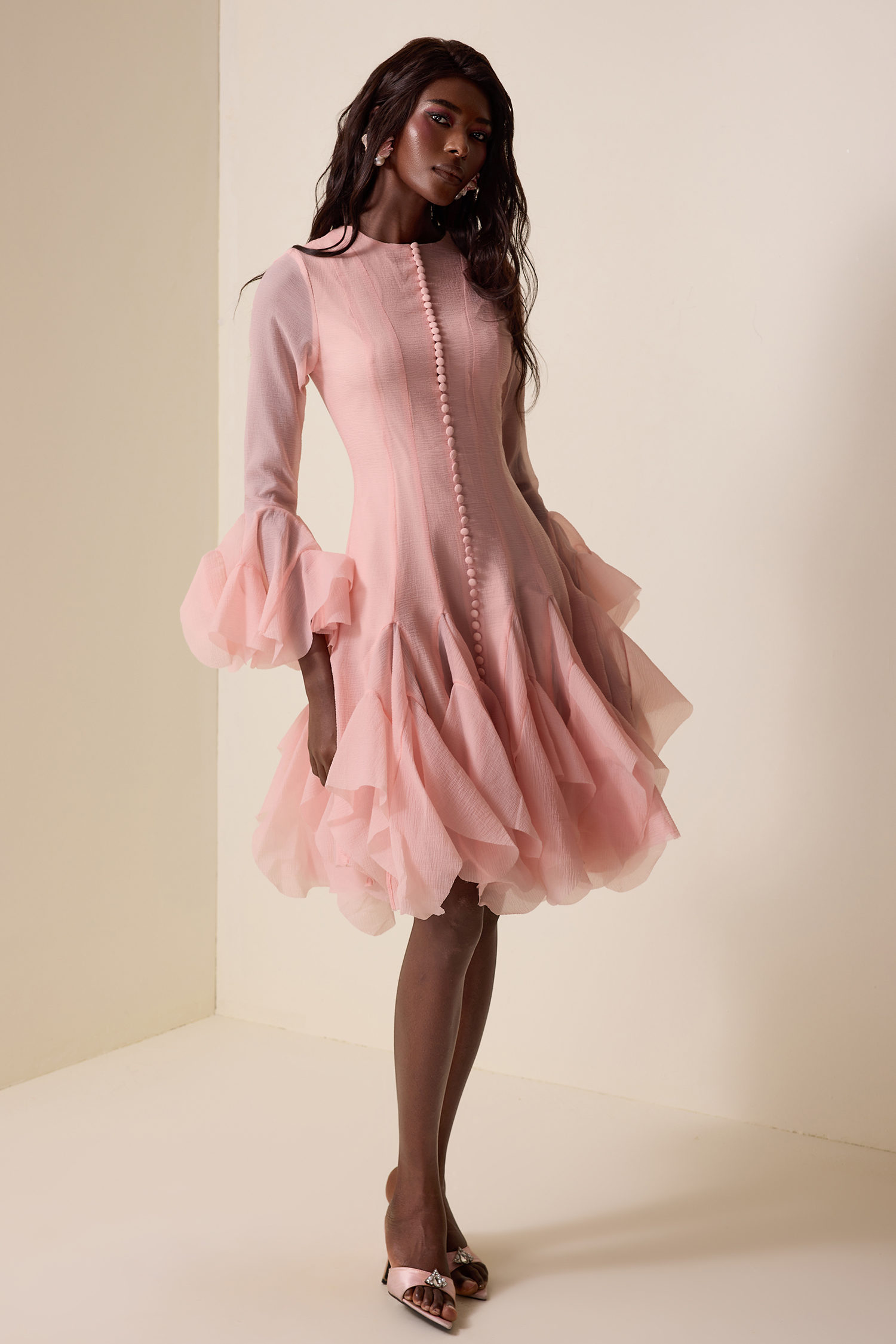 Solid Ruffle Bell Sleeve Midi Dress