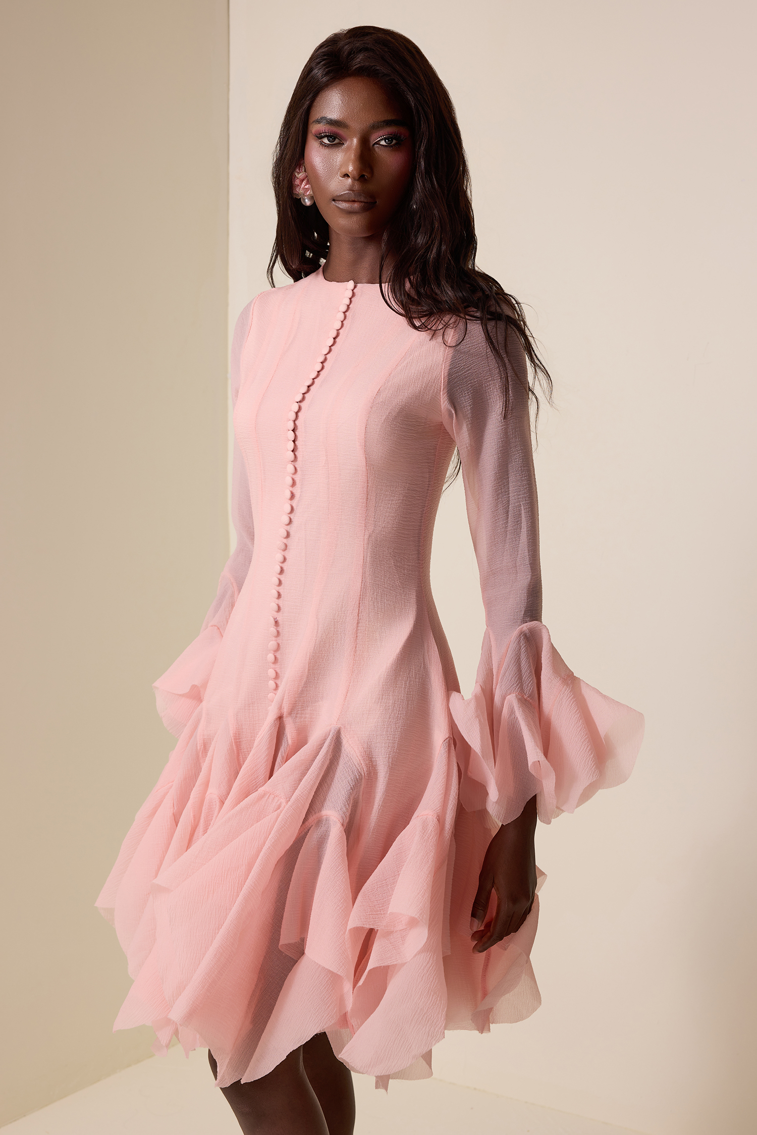 Solid Ruffle Bell Sleeve Midi Dress – Fleur Rétro