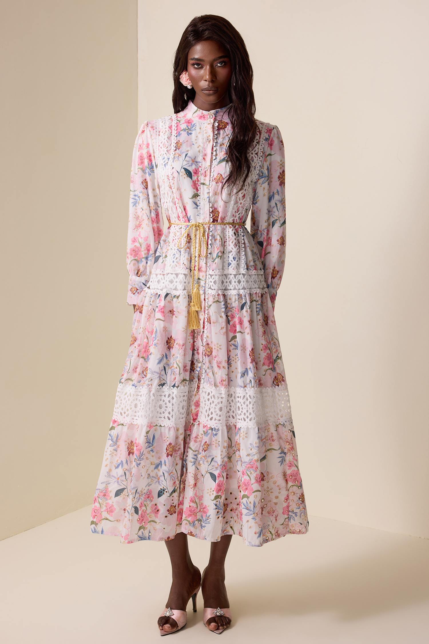 Floral Lace Splicing Lantern Sleeve Midi Dress