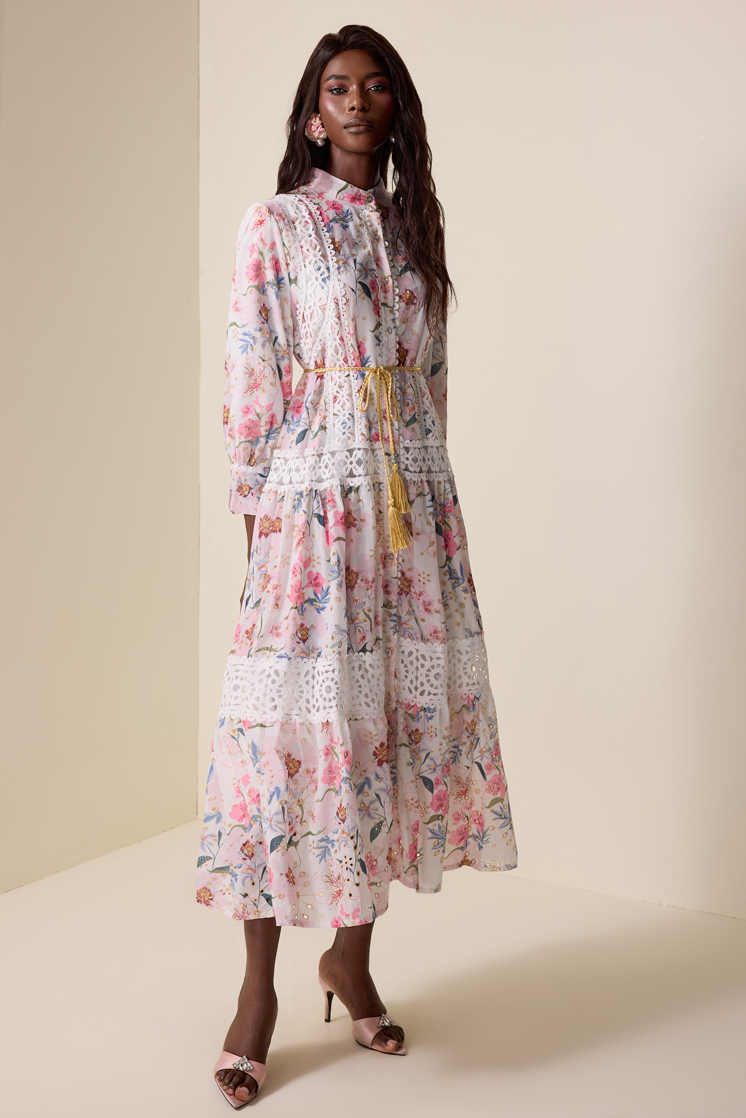 Floral Lace Splicing Lantern Sleeve Midi Dress