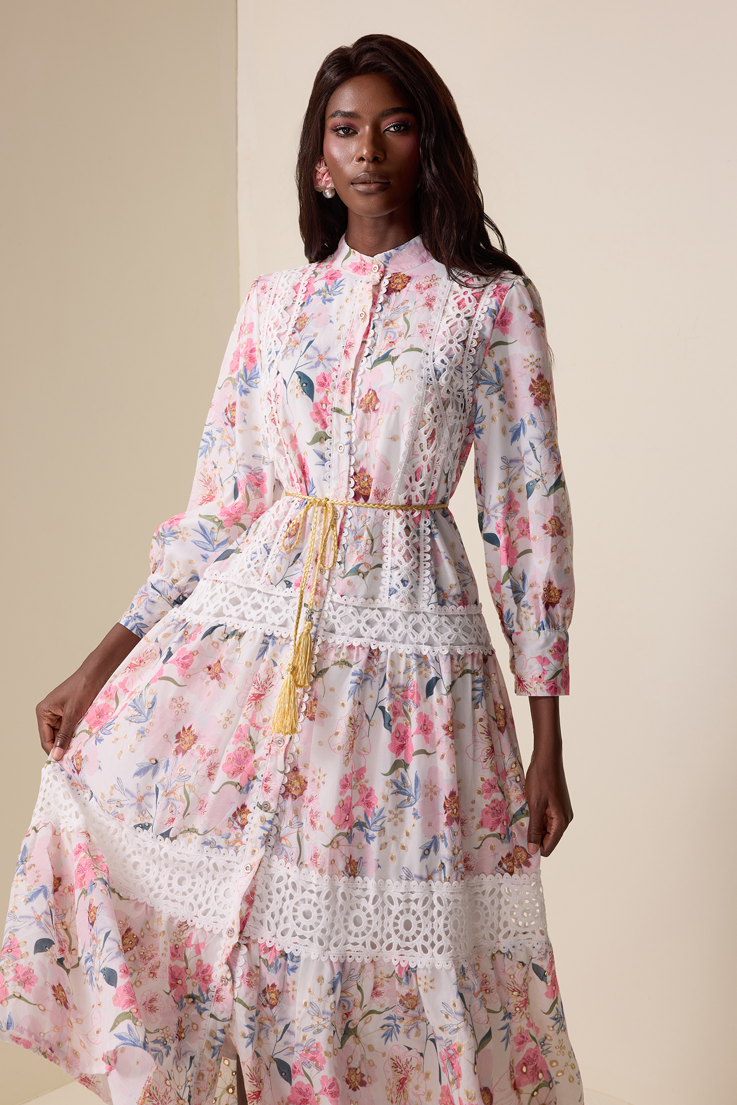 Floral Lace Splicing Lantern Sleeve Midi Dress