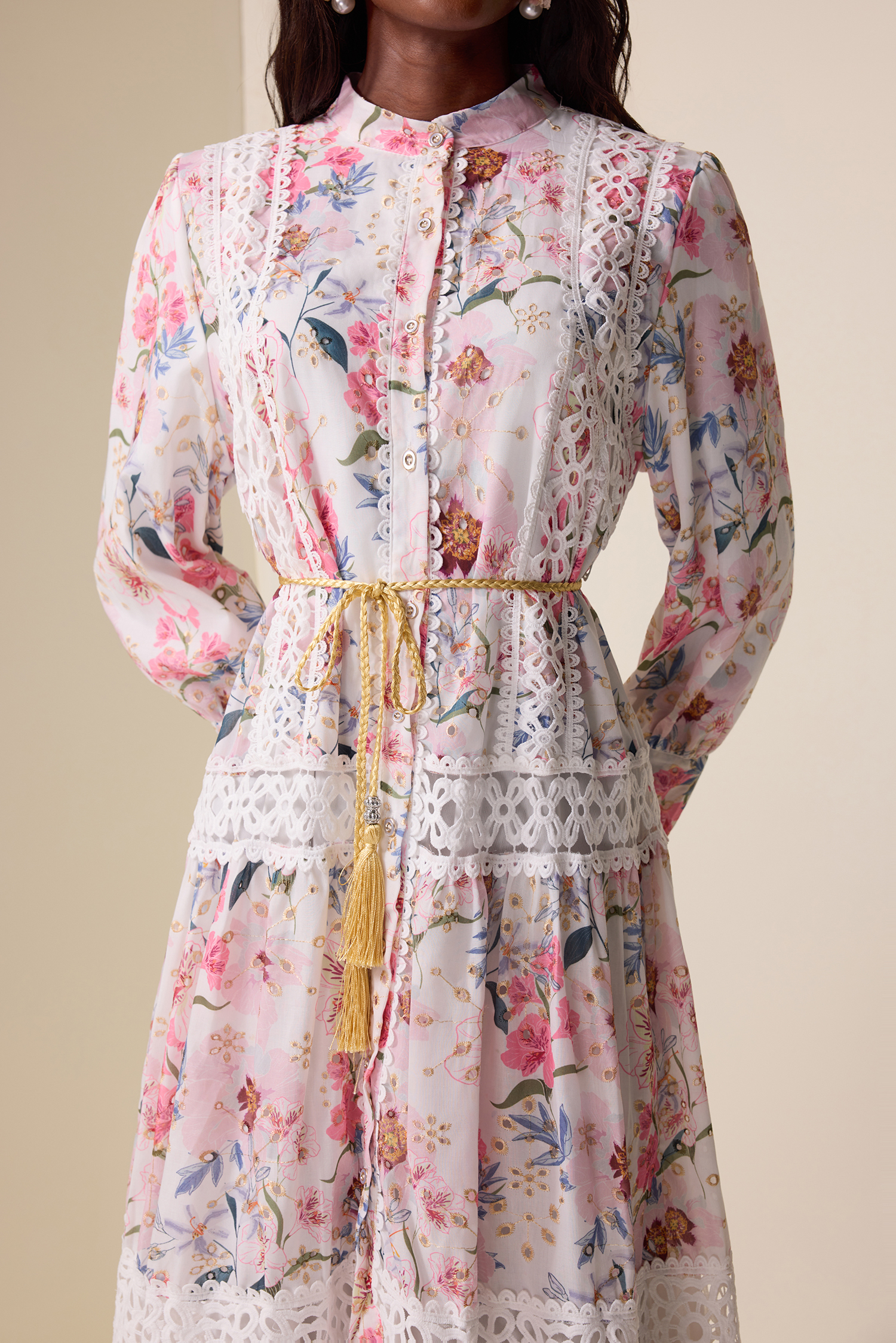 Floral Lace Splicing Lantern Sleeve Midi Dress