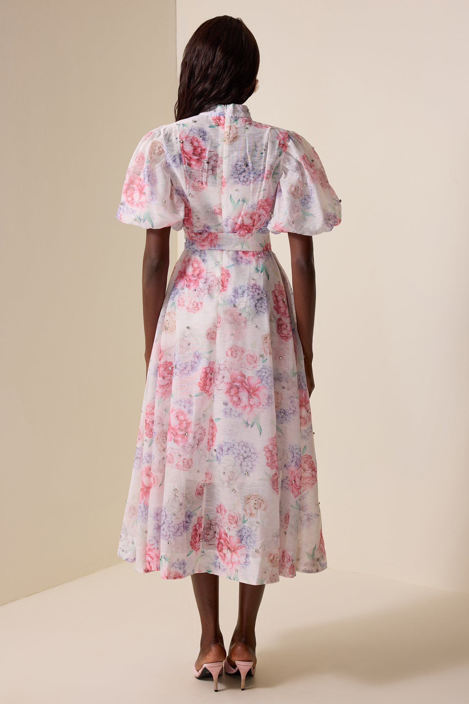 Floral Rhinestone Puff Sleeve Midi Dress