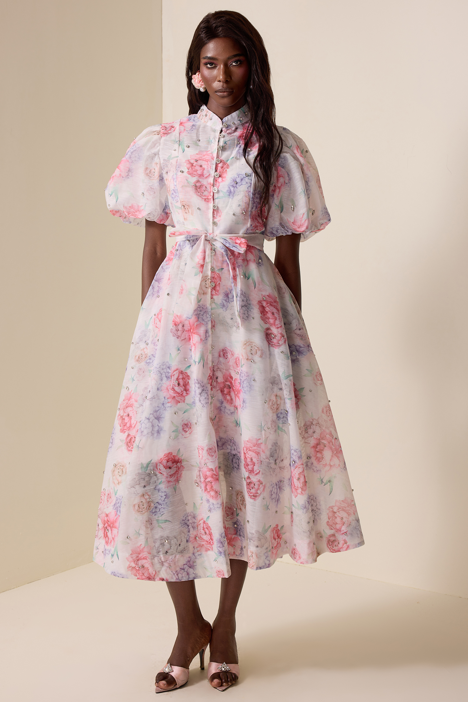 Floral Rhinestone Puff Sleeve Midi Dress