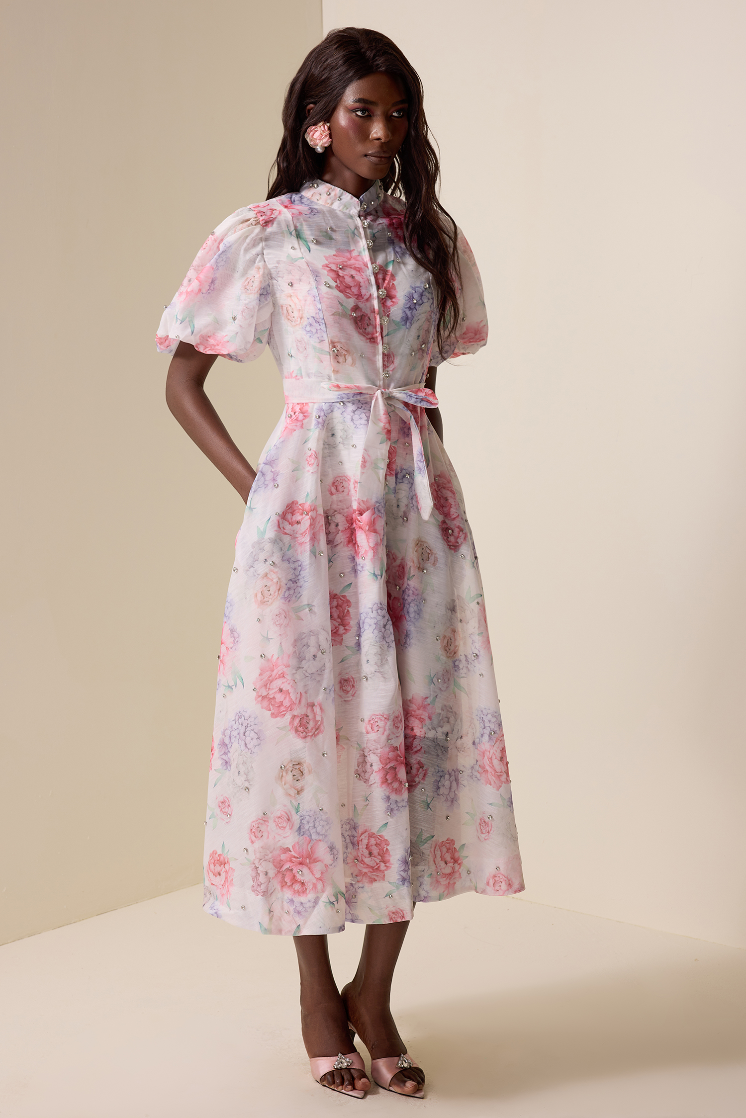 Floral Rhinestone Puff Sleeve Midi Dress