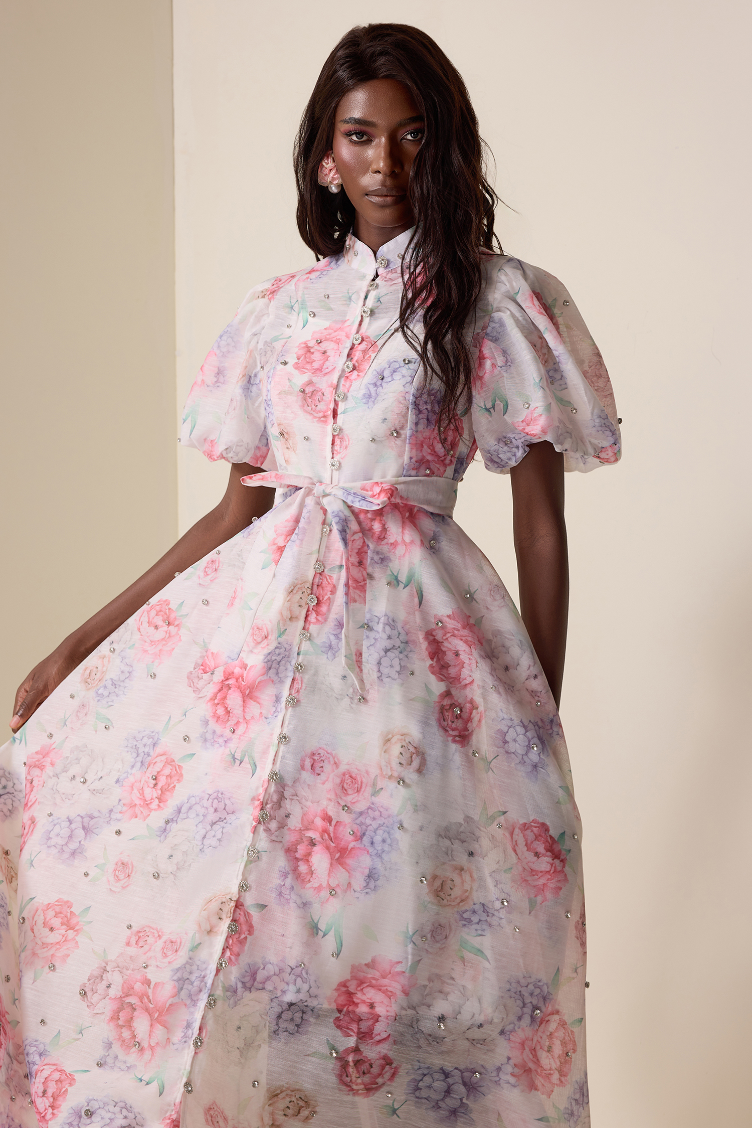 Floral Rhinestone Puff Sleeve Midi Dress