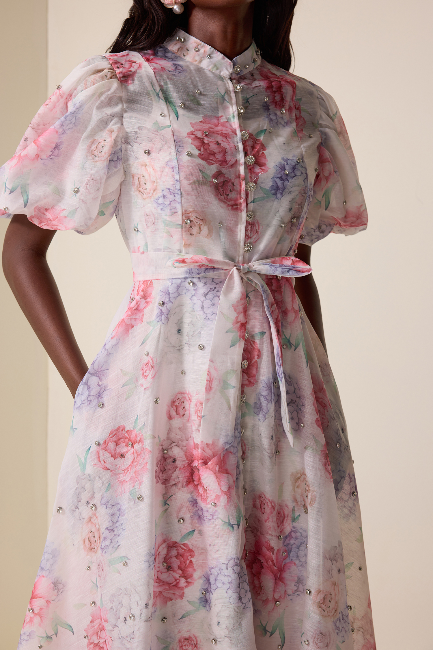 Floral Rhinestone Puff Sleeve Midi Dress