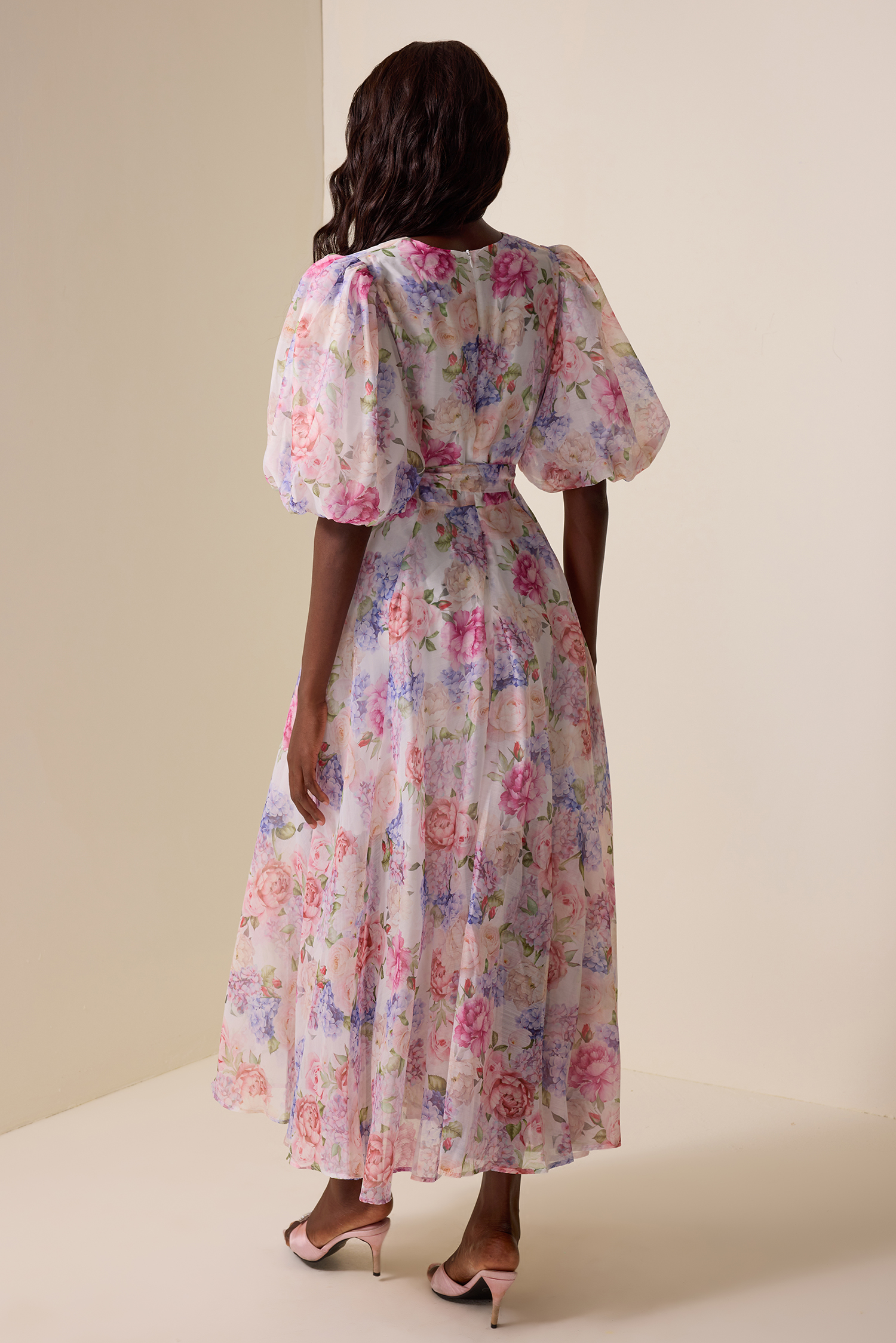 Floral V-Neck Lantern Sleeve Midi Dress