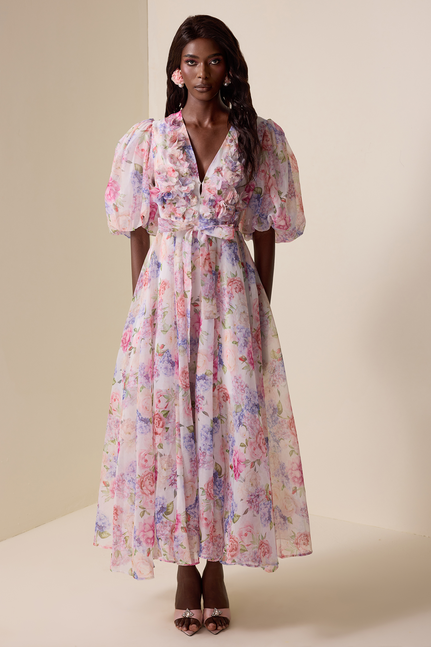 Floral V-Neck Lantern Sleeve Midi Dress