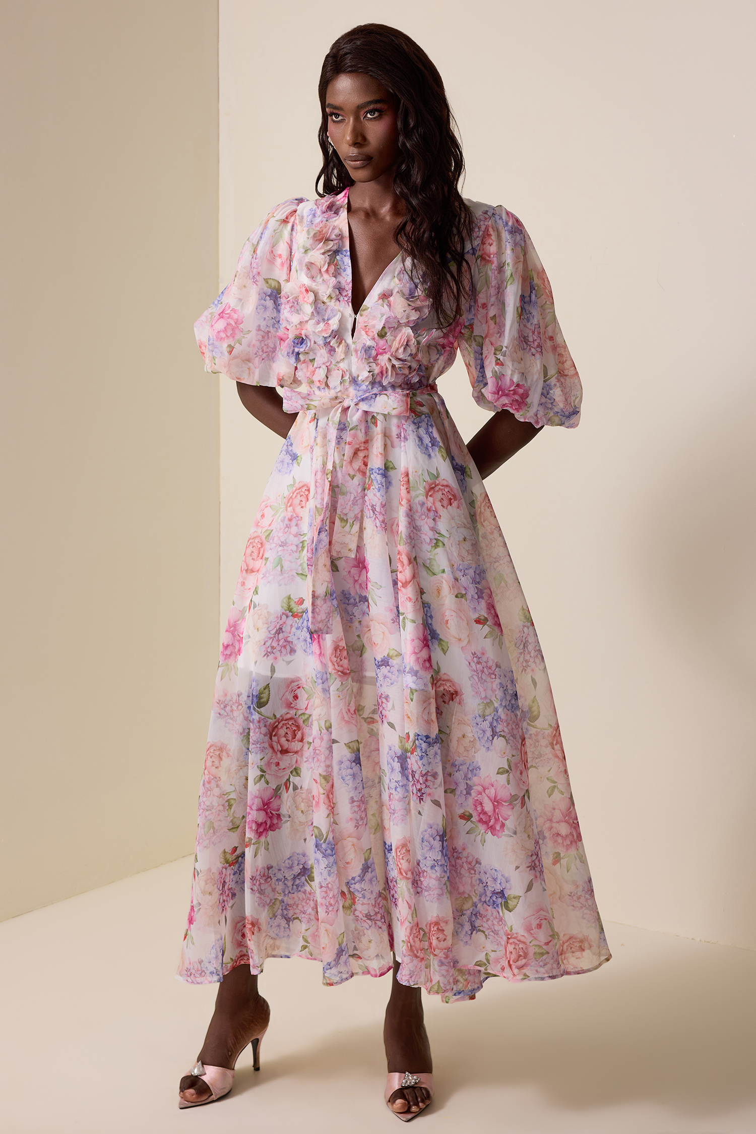 Floral V-Neck Lantern Sleeve Midi Dress