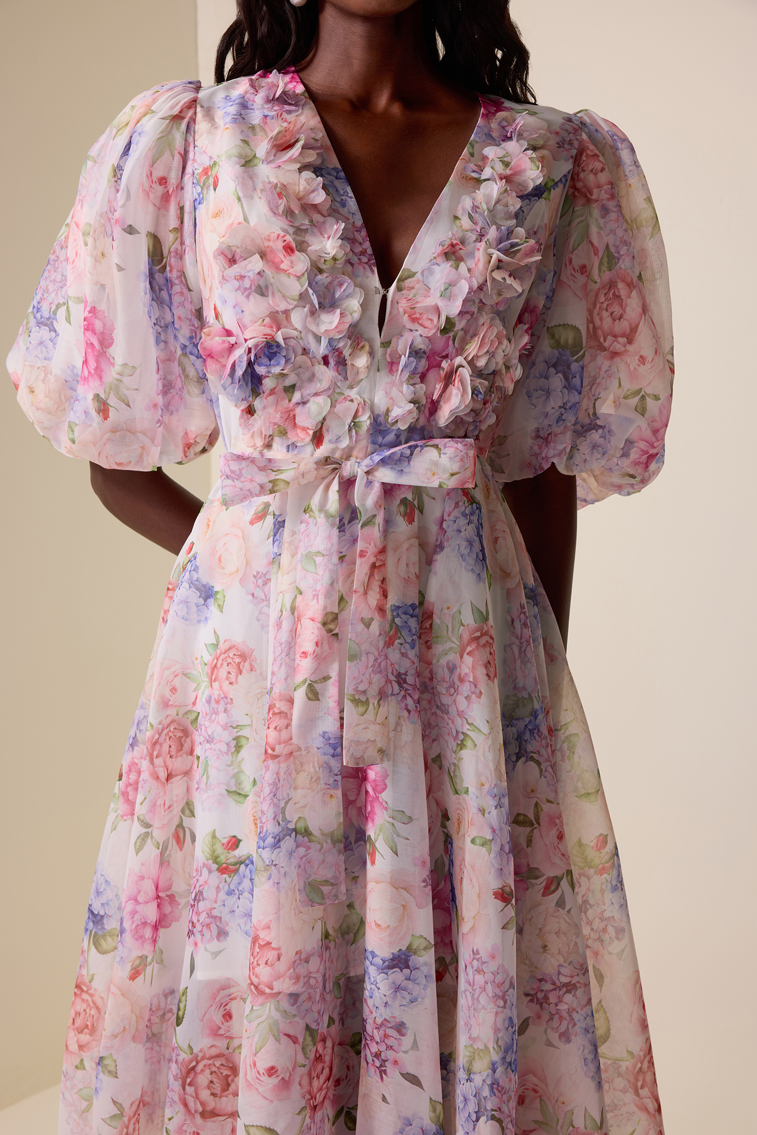 Floral V-Neck Lantern Sleeve Midi Dress