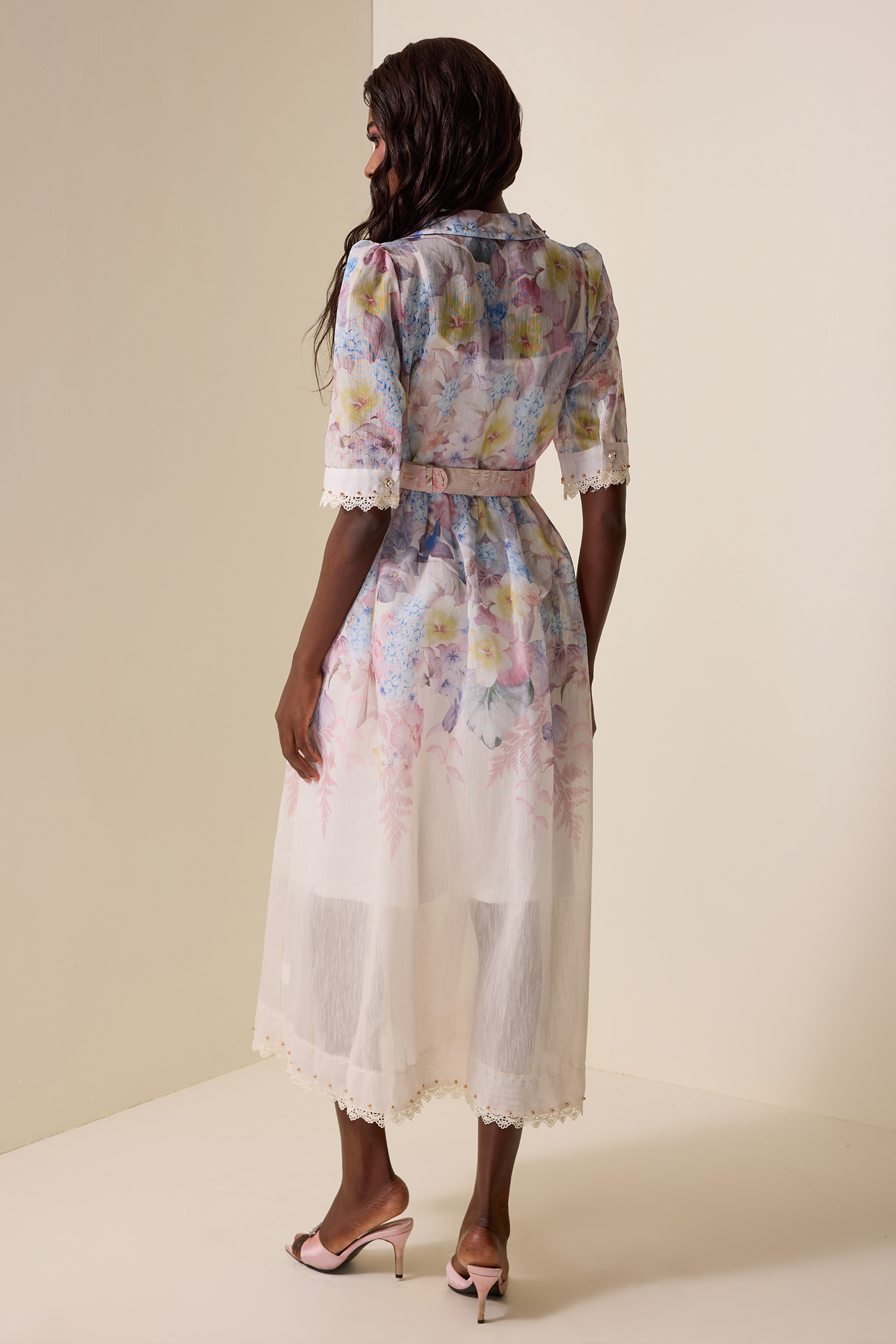 Floral Lace Metal Button Midi Dress