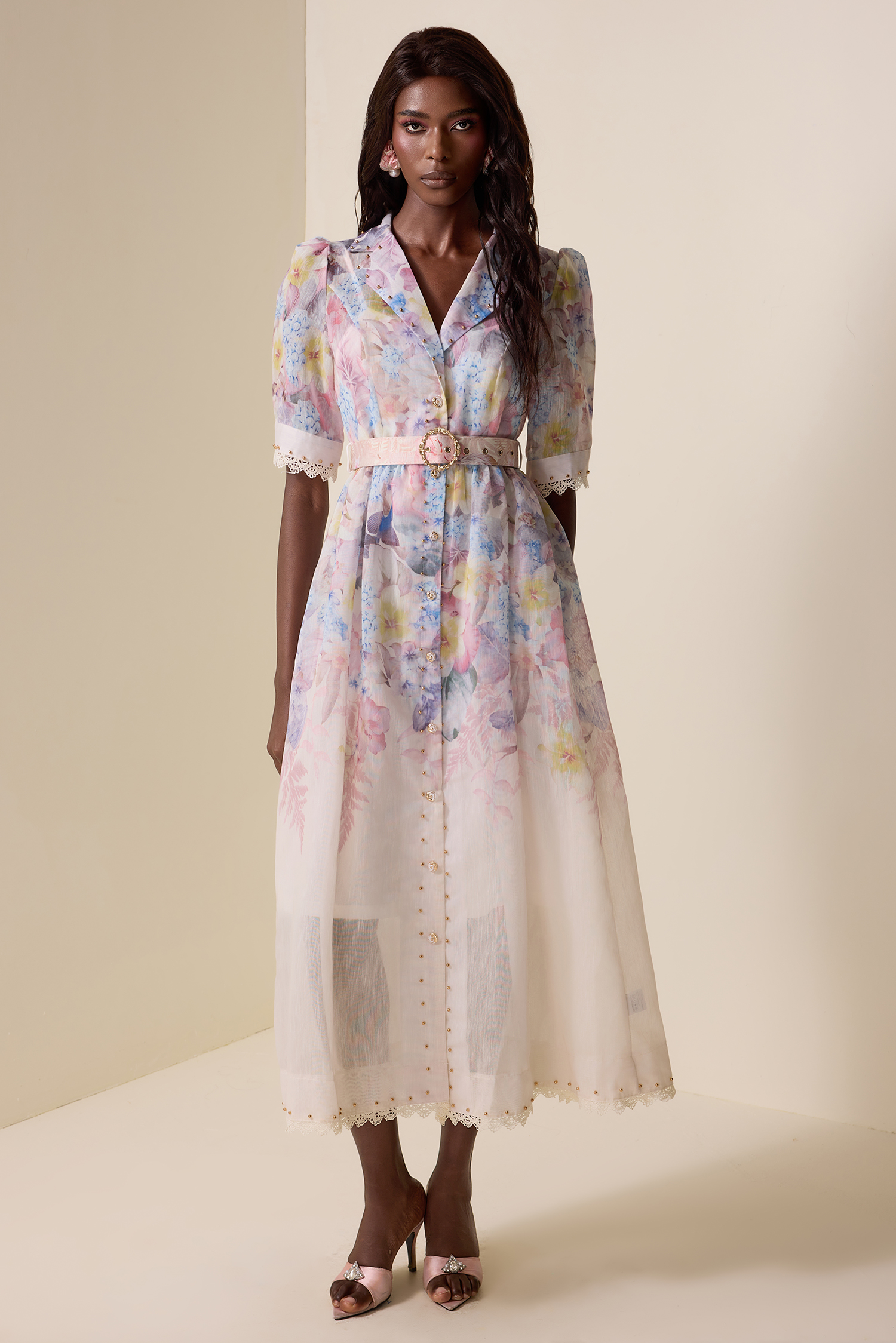 Floral Lace Metal Button Midi Dress