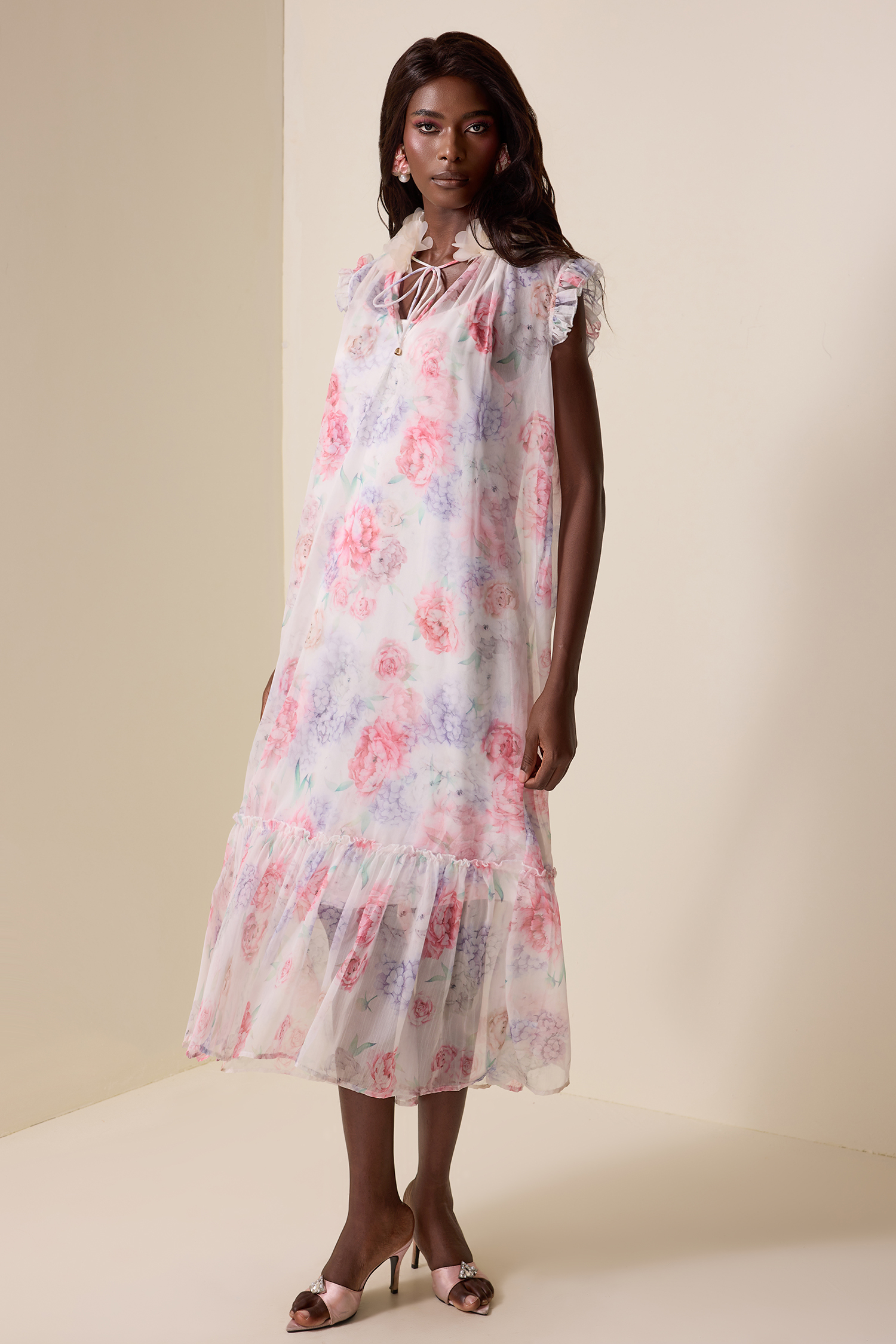 Floral Ruffle Lace-Up Midi Dress